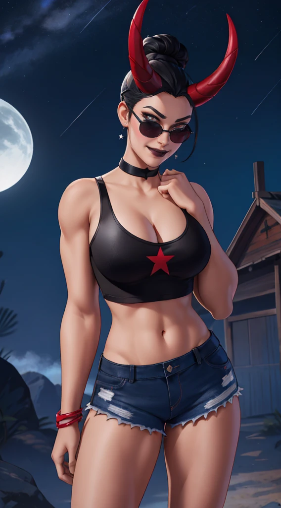 1 Mulher sozinha, 1girl, xyzsurfwitch, (xyzhaze:0.5), black hair, hair up, hair bun, horns, mascara, black lips, makeup, closed mouth, solo focus, sunglasses, short shorts, red tank top, star_/(pattern/),
smiling,looking at viewer, Blusa vermelha surf witch , summer denim shorts, cabelo preto, rabo de cavalo,  blusa vermelha, chifres vermelhos, maquiagem, black lipstick Blush bracelet inside Big breasts Long hair Looking at each other Looking at the viewer Night sky in the starry sky (heaven)
suar coxas grossas Coxas. sozinha