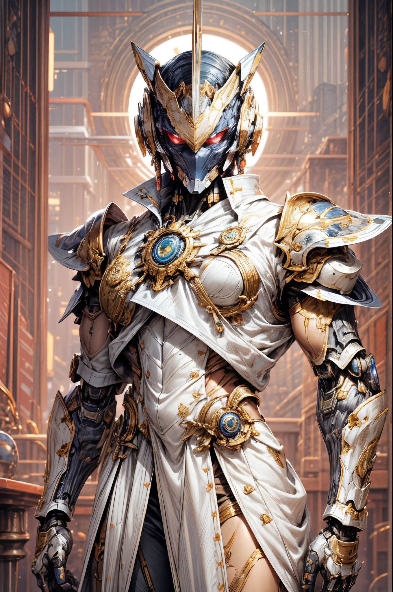 ((An epic and visually stunning digital anime upper body portrait featuring a sylphlike masculine male space soldier clad in a sleek yet tactical white armored military trench coat, (((flat masculine chest))), ((the character is adorned in a (scifi tactical armored open front trench coat with a built in exoskeleton, hood pulled up) (over a form fitted armor plated yet super sleek and revealing under suit with waist cut outs), the armor plating on the upper arms and shoulders beautifully engraved)). The image showcases the beauty and elegance of the character, ((capturing their flamboyant essence and heavy mecha aesthetic)). The character also possesses an androgynous charm, (with slim yet heavily muscled physique, sylphlike with a beautiful feminine waist and toned yet beautifully sleek cybernetic arms, mechanical arms and legs, mecha muscles), looking at viewer