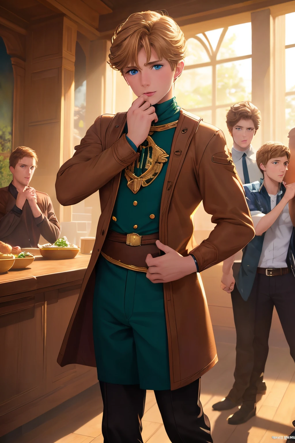 4 boys, one blond with blue eyes, one with brown hair and brown eyes tall, one with brown hair and brown eyes, and one with brown hair and green eyes, (best quality,4k,8k,highres,masterpiece:1.2), ultra-detailed, (realistic,photorealistic,photo-realistic:1.37), HDR, UHD, studio lighting, extreme detail description, professional, vivid colors, bokeh, illustrations, portraits, vibrant color scheme, soft natural lighting