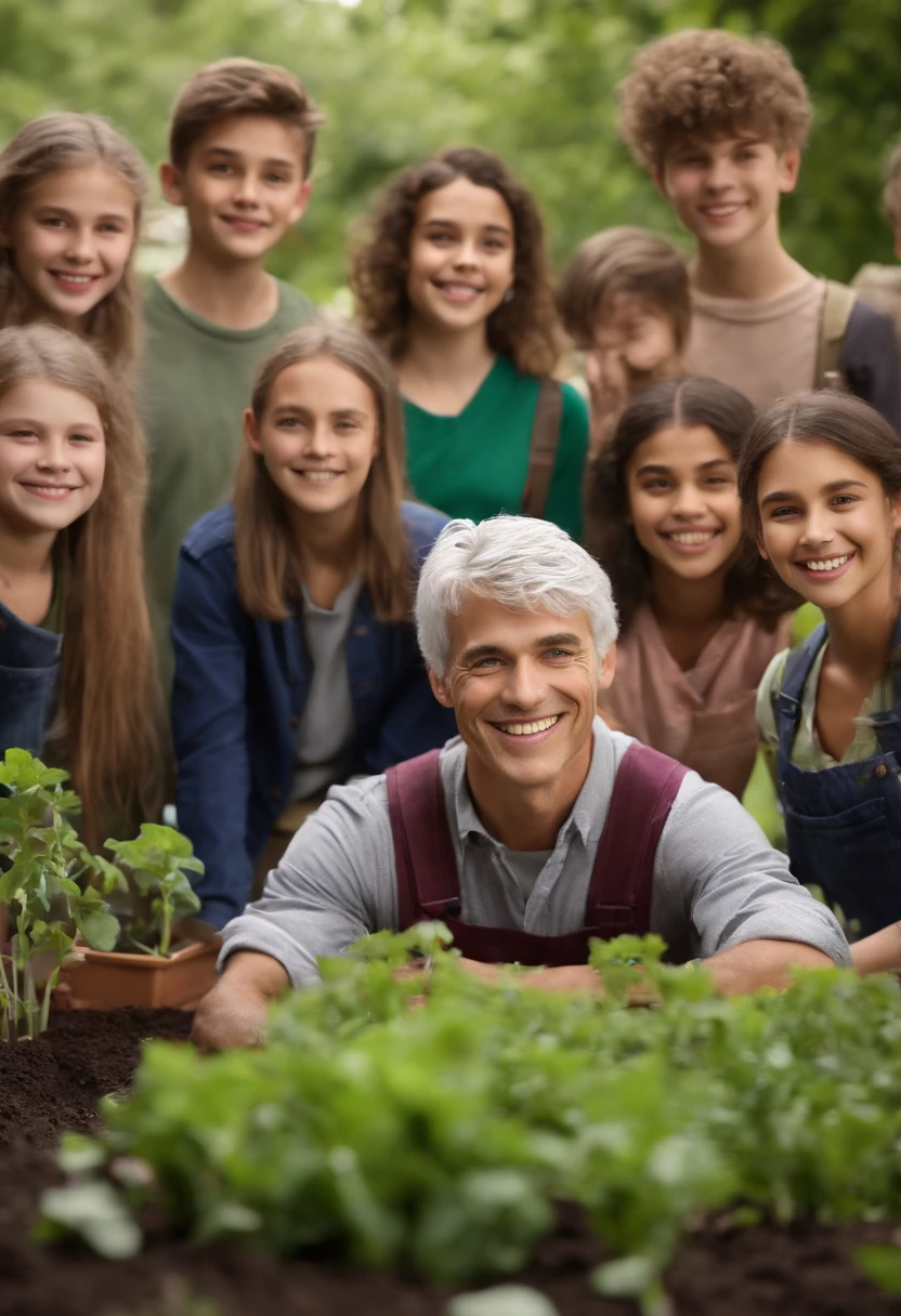 A photo of the character leading a group in a school garden planting event with a team of young volunteers.,original,silver haired man with purple eyes, kind face, sweet smile, sharp features, late teens, male