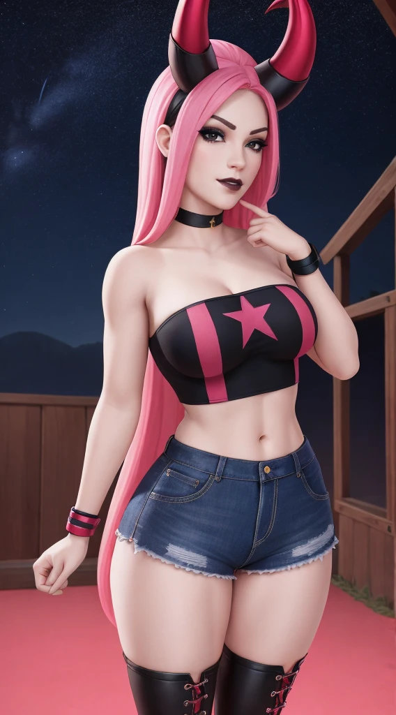 1 Mulher sozinha, 1girl, xyzhaze, pink hair, long hair, horns, mascara, black lips, makeup, closed mouth, solo focus, shirt, star_/(pattern/), midriff, tights, boots, naval Blusa vermelha estilo Haze, summer denim shorts, cabelo preto, rabo de cavalo,  blusa vermelha, chifres vermelhos, maquiagem, black lipstick Blush bracelet inside Big breasts Long hair Looking at each other Looking at the viewer Night sky in the starry sky (heaven)
suar coxas grossas Coxas. sozinha