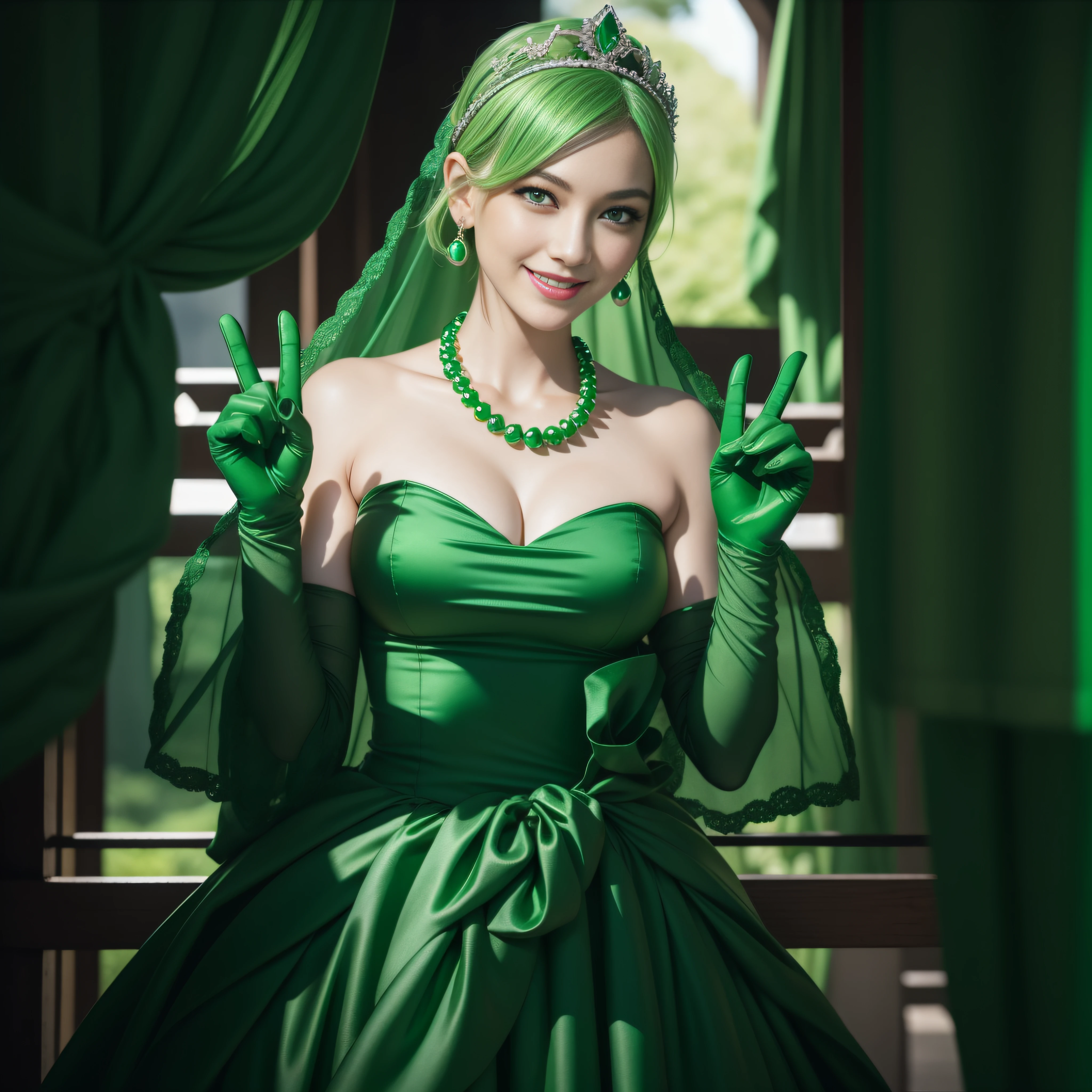 emerald tiara, Green Pearl Necklace, Boyish very short green hair, lipsticks, Japan woman smiling, very short short hair, big breasts beautiful, Green eyes, Long green gloves made of satin material, Green eyes, Emerald Earrings, green vale, v sign