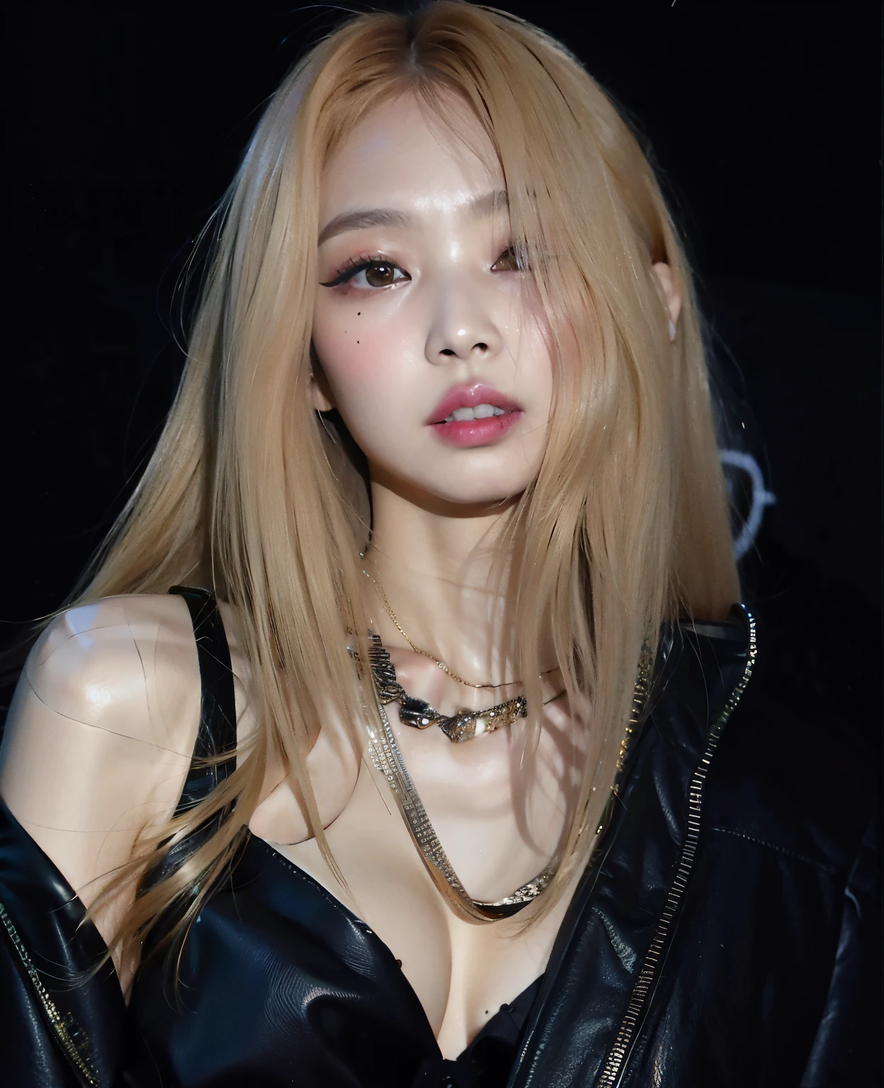 ((Highest quality, 8k, masterpiece :1.3)), Sharp focus :1.2, Beautiful woman with perfect figure :1.4, Slim Abs :1.2, ((Big Breasts, Emphasize cleavage:1.3)), (Photorealistic:1.4), (realistic:1.4), Highly detailed face and skin texture, Fine grain, double eyelid. Makeup face. A little bit of lipstick, necklace, Earrings, sex appeal, Sexy gravure pose, ((A beautiful woman in a sexy black leather bodysuit smiles as she poses boldly in the wilderness。Her long blonde hair gives her a strong personality.。:1.3)
