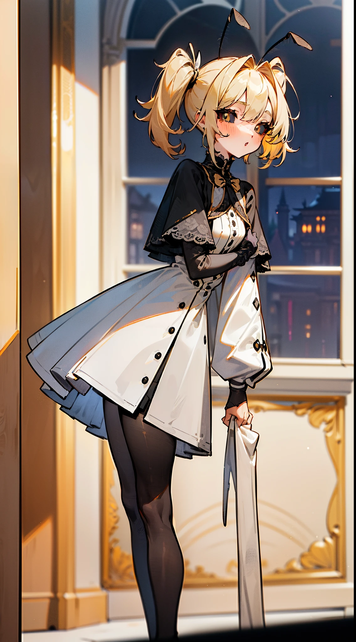 (Original Character,8k, Masterpiece, Best Quality,Detailed, Beautiful Detailed Eyes, solo),mature female,small, fine skin,blush,black eyes,black sclera,yellow hair,small twintail hair,black pantyhose,(((hair 2antennas large))),elegant white outfit,((standing inside of a mansion,night)),:o,leaning forward,night