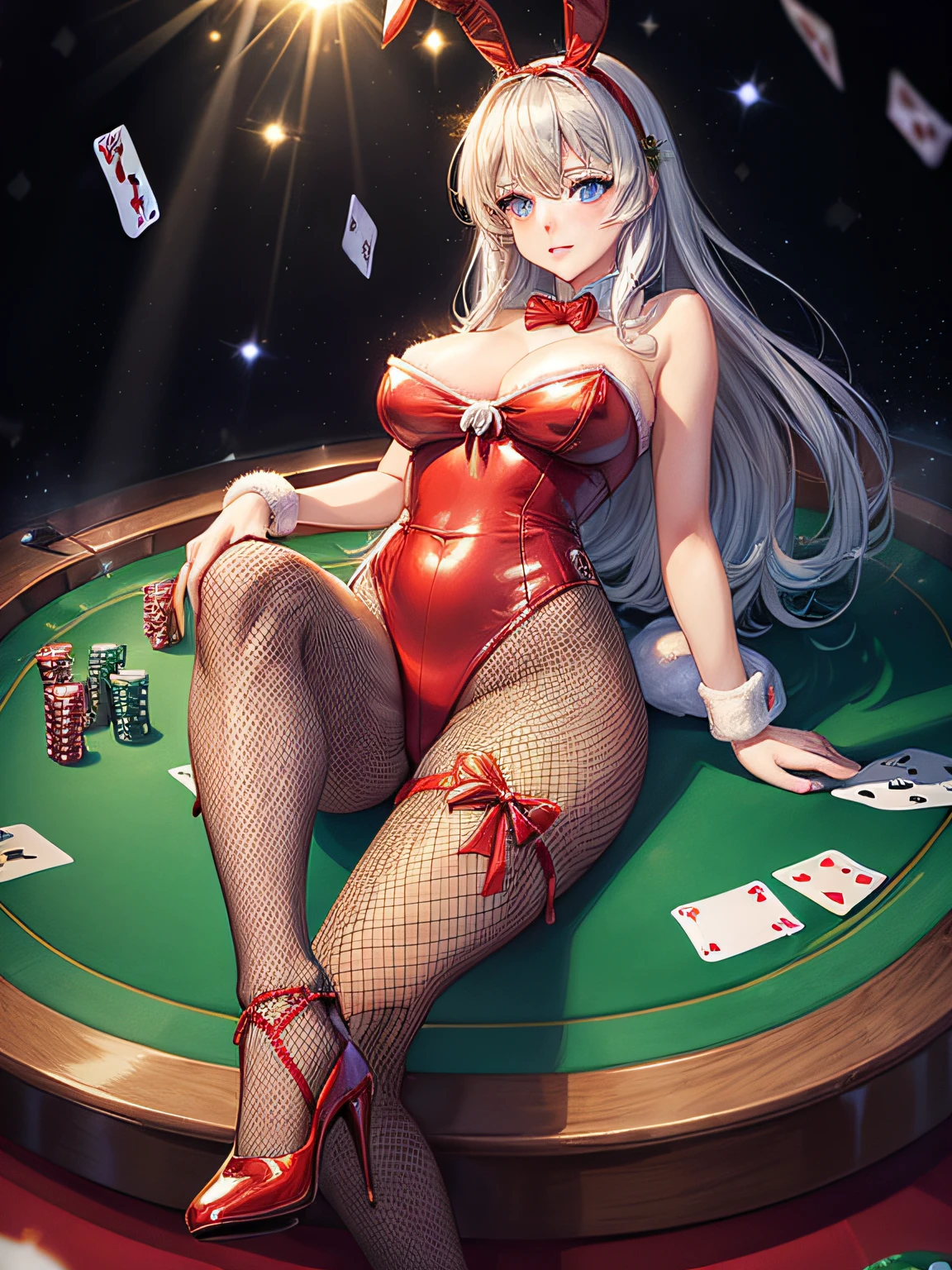 ((worst quality, low-quality)), Rabbit eared girl, Solo, Red Playboy Bunny, slender, ((Large breasts)), ((Long silver hair)), plump shiny lips, A beautiful Blue eyes, Spoken Heart, ((Christmas themed playboy bunny)), ((fishnet tights:1.2)), (high-heels:1.2), embarrassed, (perfect hand:1.3), (Holding the gift box in your hand), (light Particle, light glow, llight rays:1.4), ( Casino background, Falling playing cards:1.3), standingn, back viewing, From below, Foot focus, Looking down, fullllbody, Casino with Christmas decorations, Best Quality,ultra-detailliert, masterpiece,