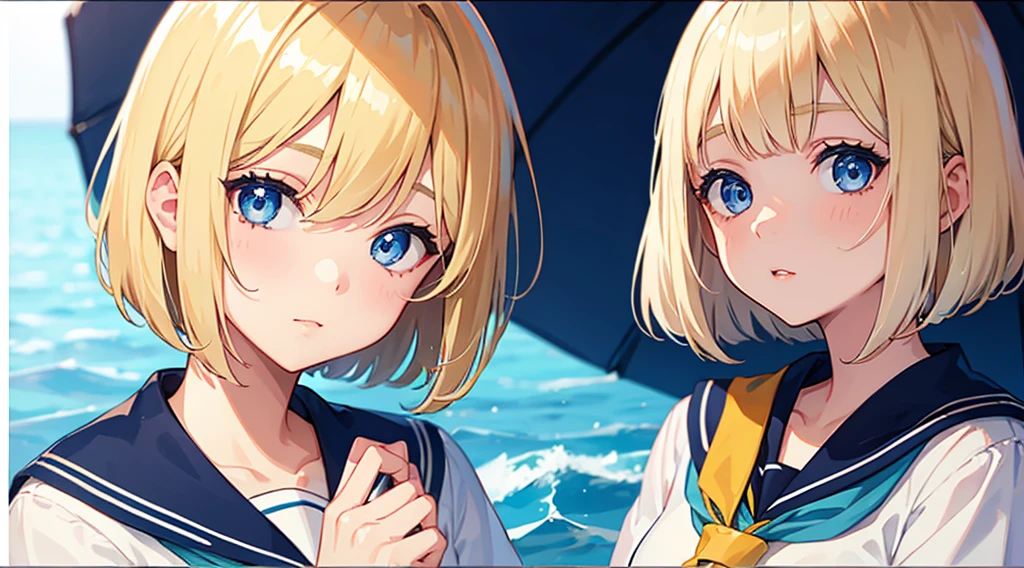 face, 1girl, blonde hair, bob cut, blue eyes, sailor suit, cute, kawaii, beautiful eyes