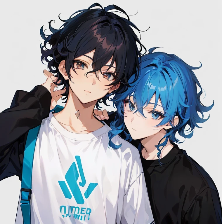 Two anime guys, one cute brunette with curly hair, one emo guy with blue hair, dark eyes, attractive