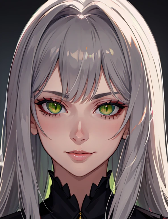 masterpiece, best quality, mature female, (face focus:1.4), snake eyes, (close-up:0.5), large eyes, green eyes, naughty face, smile, closed mouth, lips, portrait, grey hair, (closed mouth)