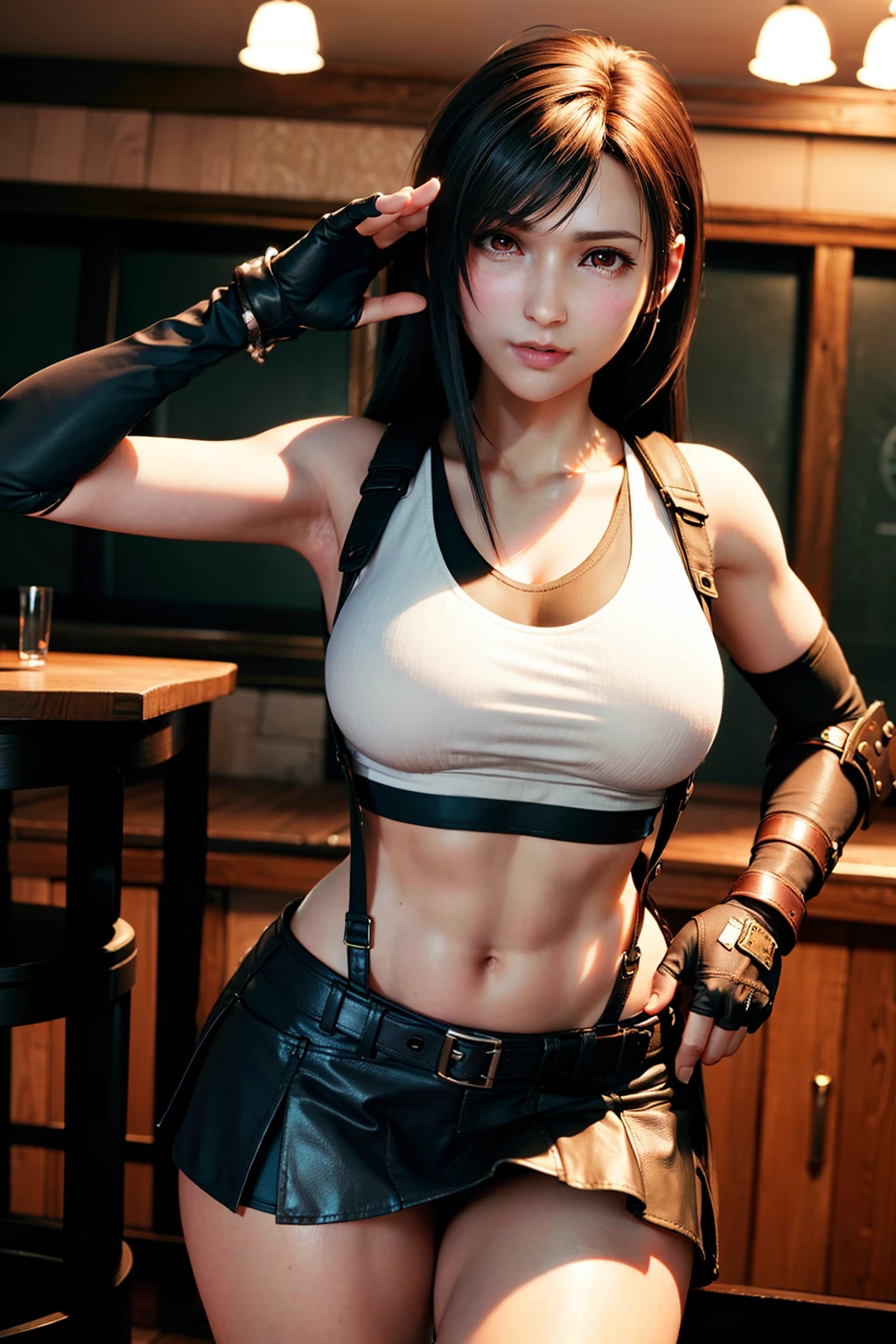 8k,masterpiece, bset quality,huge tit、(1girl in)、tifa lockhart、red_eyes、black hair、long hair、Flapping hair, Adult beauty、shinny skin、Shiny big、 ((top-quality))、 Crisp focus:1.2、Highly detailed facial and skin texture、A detailed eye、face perfect、perfect bodies、art by、CG、Blur the background、Big breasts with a strong presence、(20yo,Mature cool and beautiful face)、wear ((Suspender Black Skirt)),(( Black Elbow Gloves,White taut shirt、Thigh、white tank tops、Ankle Boots、Red boots、a navel、red blush))、jukebox、Old bar、upper body、a smile,Professional-looking light source、Fluttering hair、Random angles、 Low waist,thick thight、face lights, Cinematographic lighting、Midgar、Random Poses