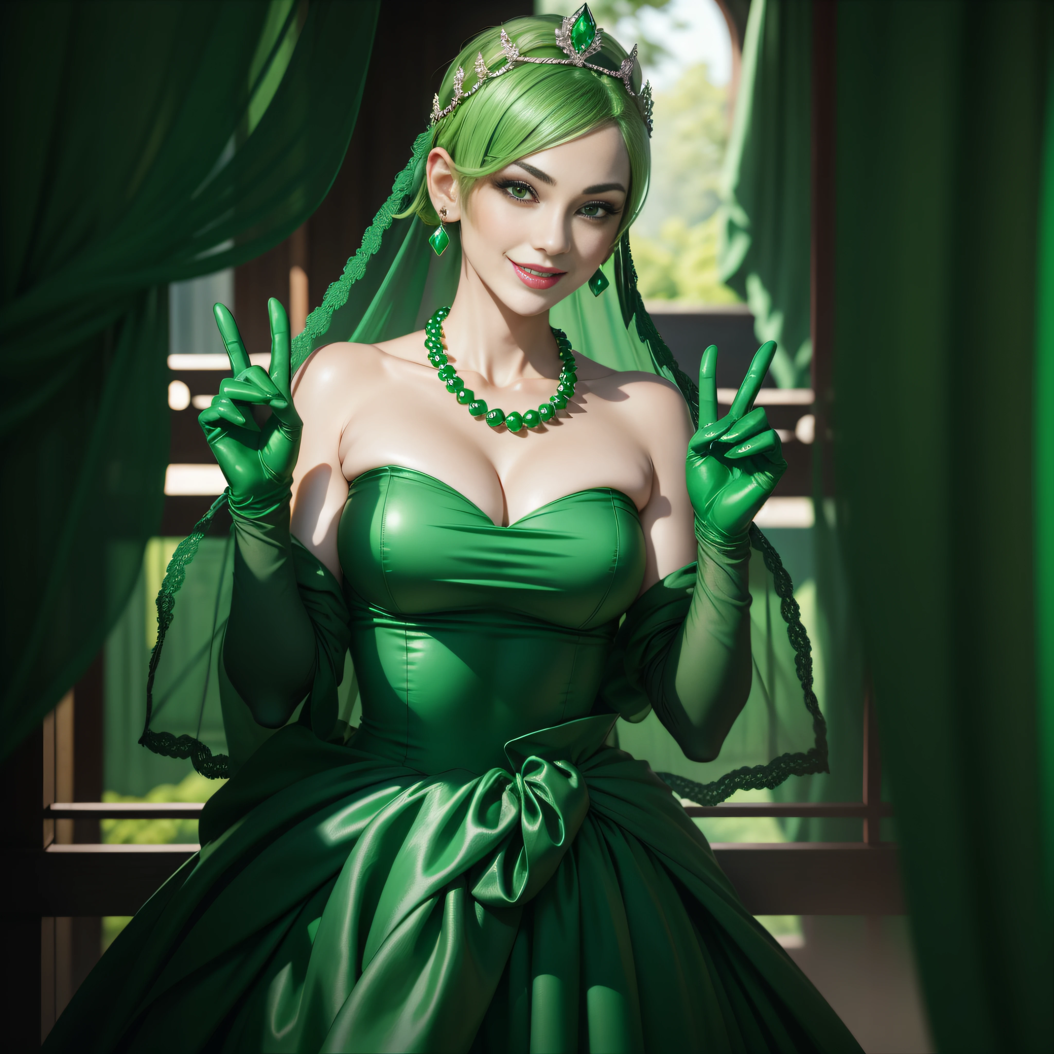 emerald tiara, Green Pearl Necklace, Boyish very short green hair, lipsticks, Japan woman smiling, very short short hair, big breasts beautiful, Green eyes, Long green gloves made of satin material, Green eyes, Emerald Earrings, green vale, v sign