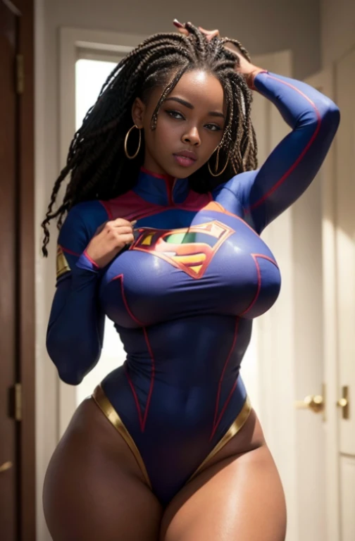 Emily is a black African woman, com pele muito escura, de 45 anos com cabelos escuros, geralmente preso em um coque ou rabo de cavalo. His eyes are dark and expressive, transmitindo sua personalidade sensual e sexy, Supergirl africana de cabelos negros deitada nos escombros、Traje esfarrapado、seios grandes e cheios、looking at the camera, sweating:1.2), (Wet), sexy, Corar, (Tentador Adulto) voluptuoso, Curvy, (Seductive dynamic pose) (seios pendurados), (clivagem profunda). She has an average height Sobre 1,70m, com seios grandes e flacidos, muito grandes e flacidos, seios muito fartos, Sagging Tits, sagging breast, quadris enormes, BBW. Emily is a superhero muito sexy, super sexy, Usar roupas da supergirl, roupas supergirl rasgadas, destruidas, decote sexy. Ela costuma usar pouca maquiagem, preferindo um visual natural. best quality, Realistic photo, photo de corpo inteiro, deitada nos escombros, a lot of sweating