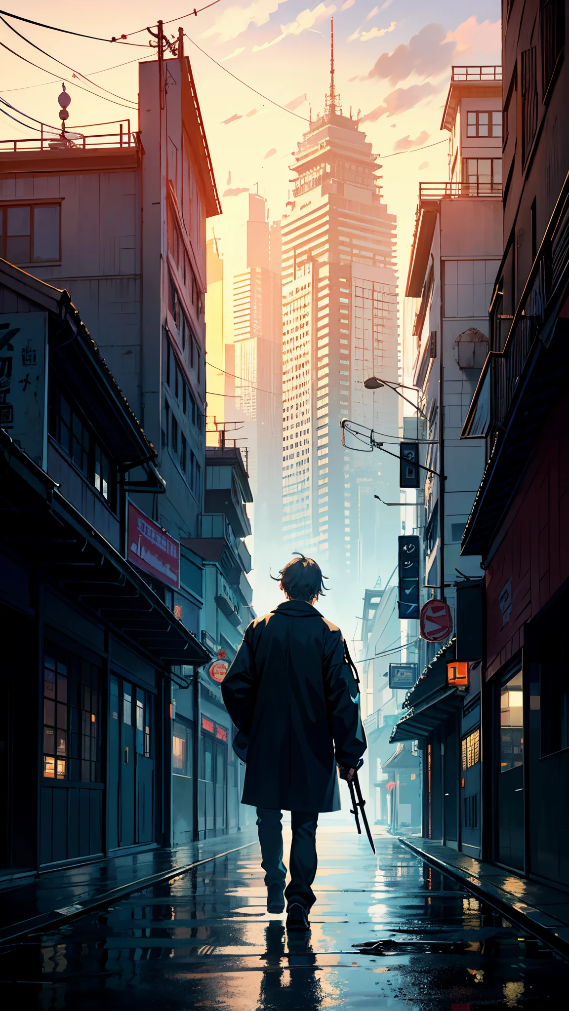1boy,Man's ,Cyberpunk Boy、katanas,machine gun、axe、Cat's ears、silber hair、poneyTail、Whole body bloody、The beginning of the adventure、during daytime、Into the cloud、ruined and devastated city、Japan buildings、railroad crossing、Trees、Warm lighting、puddles、Good old Japan landscape、Beautiful and fantastic summer landscape、Cinematic scenery、hightquality、masutepiece,8K、hight resolution、ultra-detailliert,