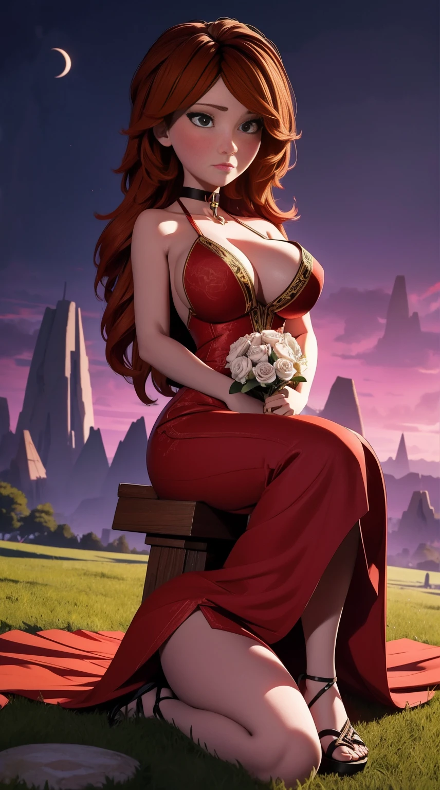 sitting straight symmetrical, sitting on grass, full body, solo girl looking to the camera, cow bell choker, metal sandals, , anime girl with red hair and red dress holding a bouquet, beautiful celestial mage, beautiful character painting, extremely detailed artgerm, beautiful and elegant human queen, wlop rossdraws, 8k high quality detailed art, fantasy art style, anime fantasy illustration, by Yang J, detailed fantasy art, fanart best artstation, wlop and rossdraws, big breast, red long hair, red dress