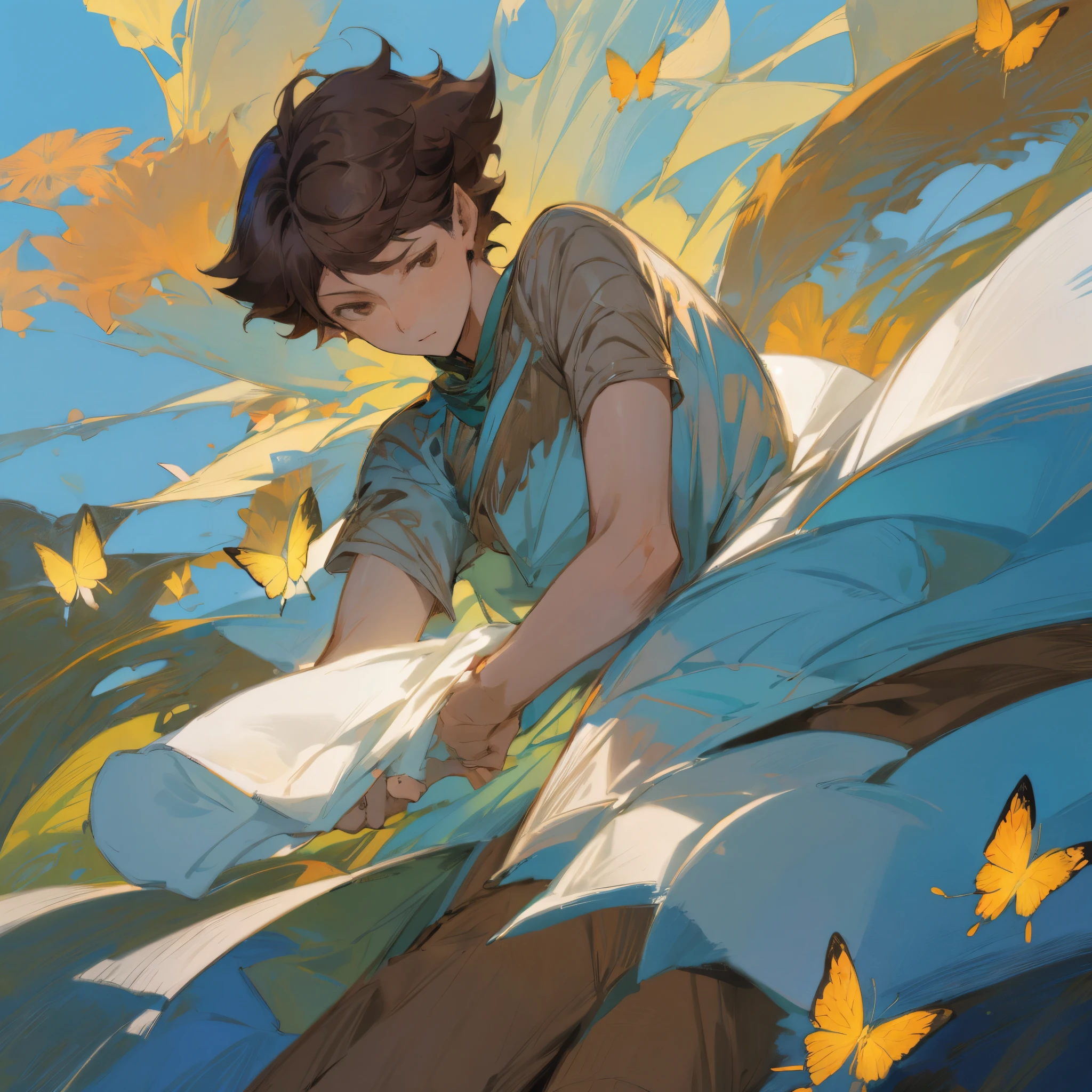 oikawa tooru,brown hair,brown eyes,short hair,1man,he is a breathtaking, his presence is like sunlight itself, flowers,butterflies,blue sky,pure and elegant,dainty,add_detail:0.5