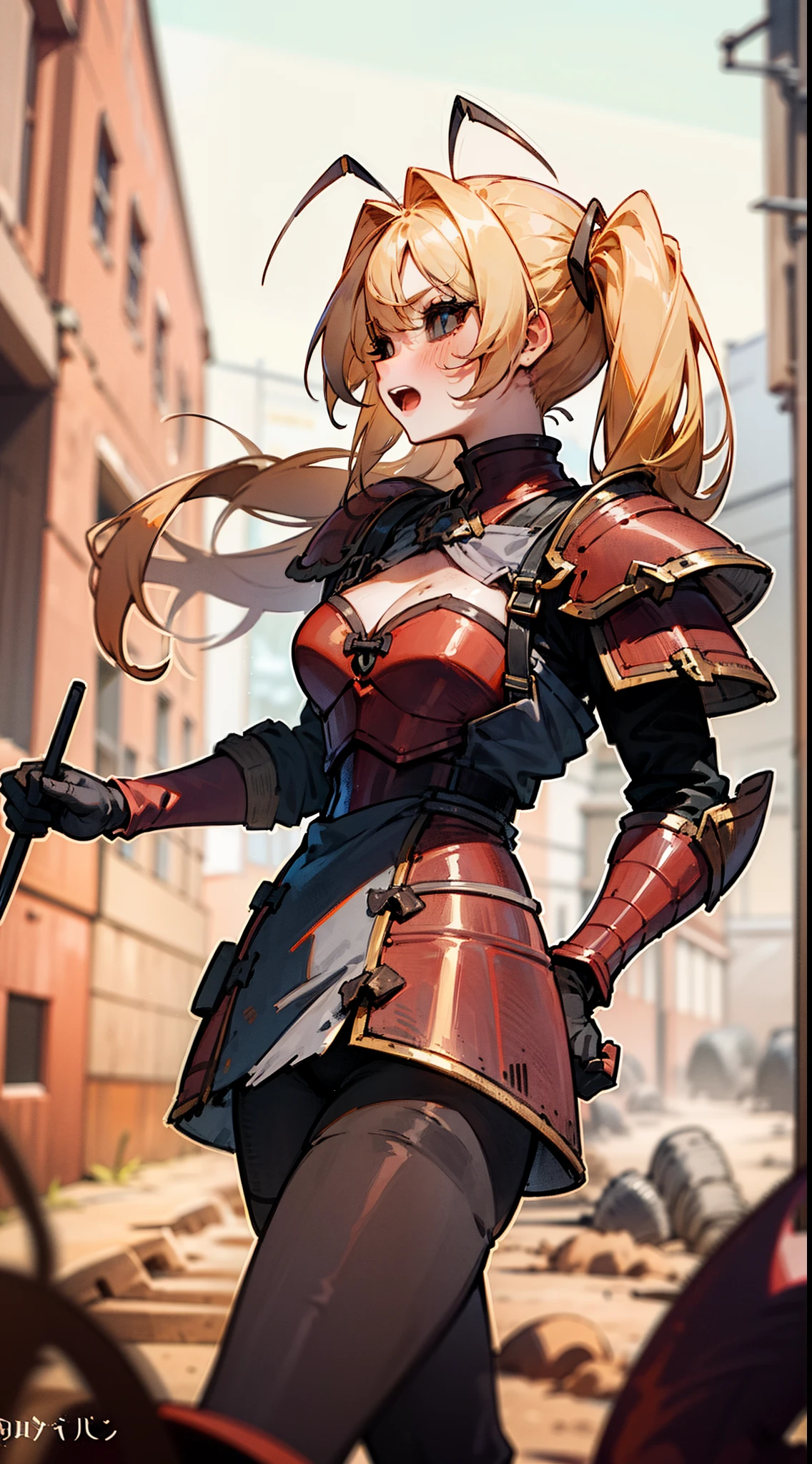 (Original Character,8k, Masterpiece, Best Quality,Detailed, Beautiful Detailed Eyes, solo),mature female,small, fine skin,cleavage,blush,black eyes,black sclera,yellow hair,long hair,twintail hair,black pantyhose,(((hair 2antennas large))),((red armor)),((walking in a dirt road,in a village)),from side,open mouth,