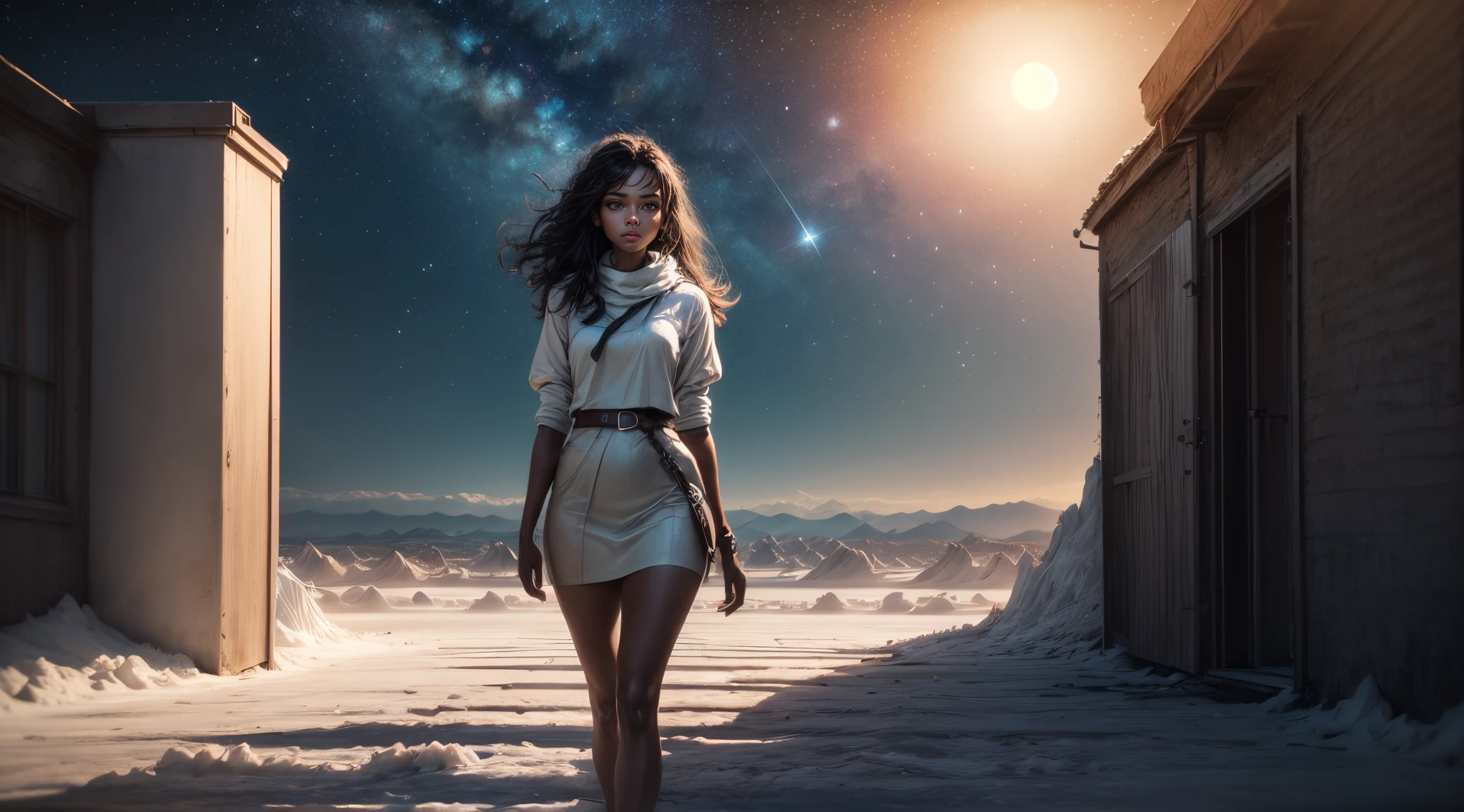 Masterpiece, best quality, ((salt flat)), 4K,8K,style,masterpiece, create a black woman, at night long charge, ((ultra-detailed)), outdoors, night, nature, (stars, full moon), shadows, contrast, clear sky, (style, (film grain: 1.3), (warm hue, warm tone): 1.2), cinematic light, side lighting, ultra high resolution, (best shade), RAW, walk, verse,