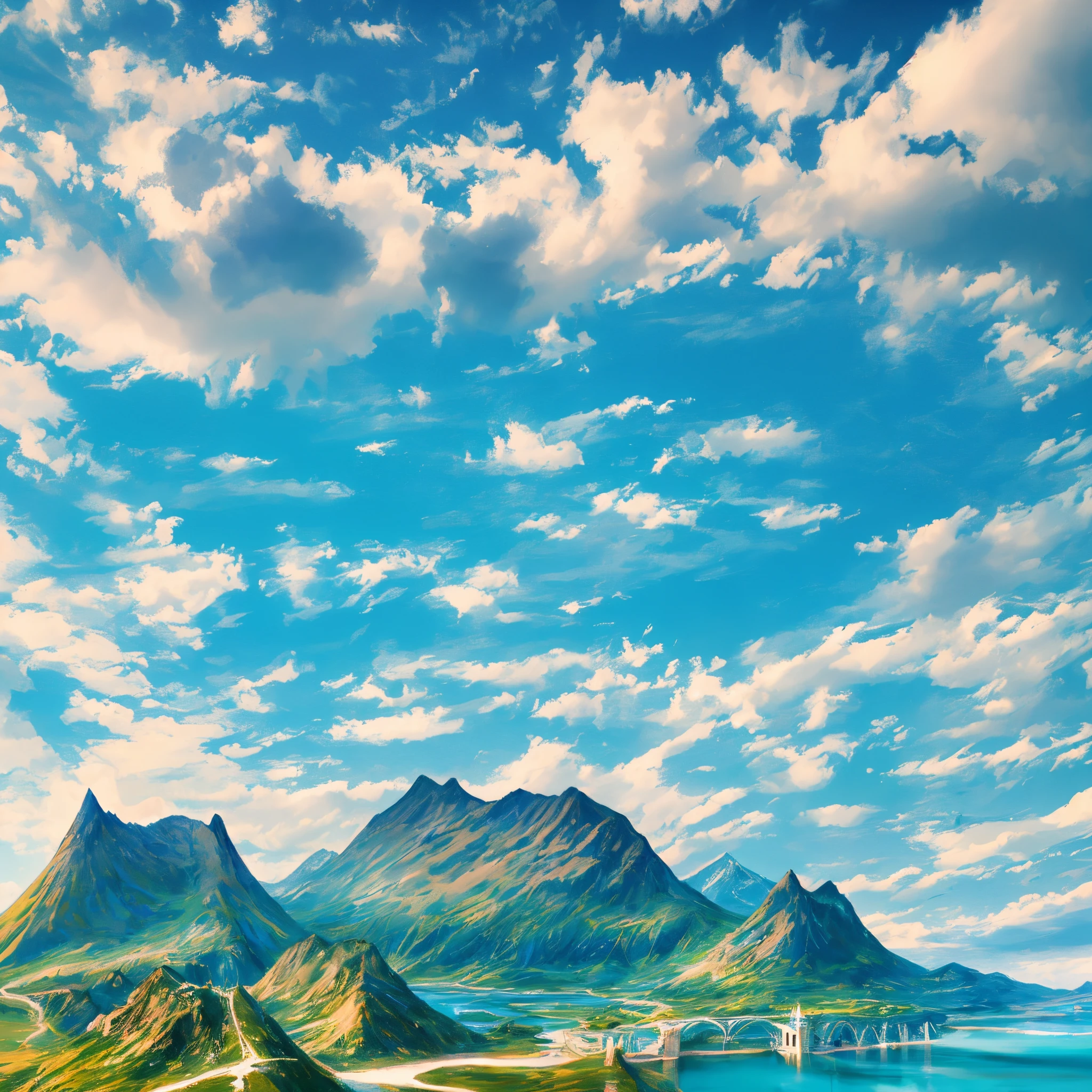 empty sky, (clear sky), cloudless, big landscape, empty foreground, massive landscape, gigantic fantasy landscape, kingdom, castles, bridge, mountains, (forest), highly detailed, details, ocean, photorealistic, 8k, masterpiece,