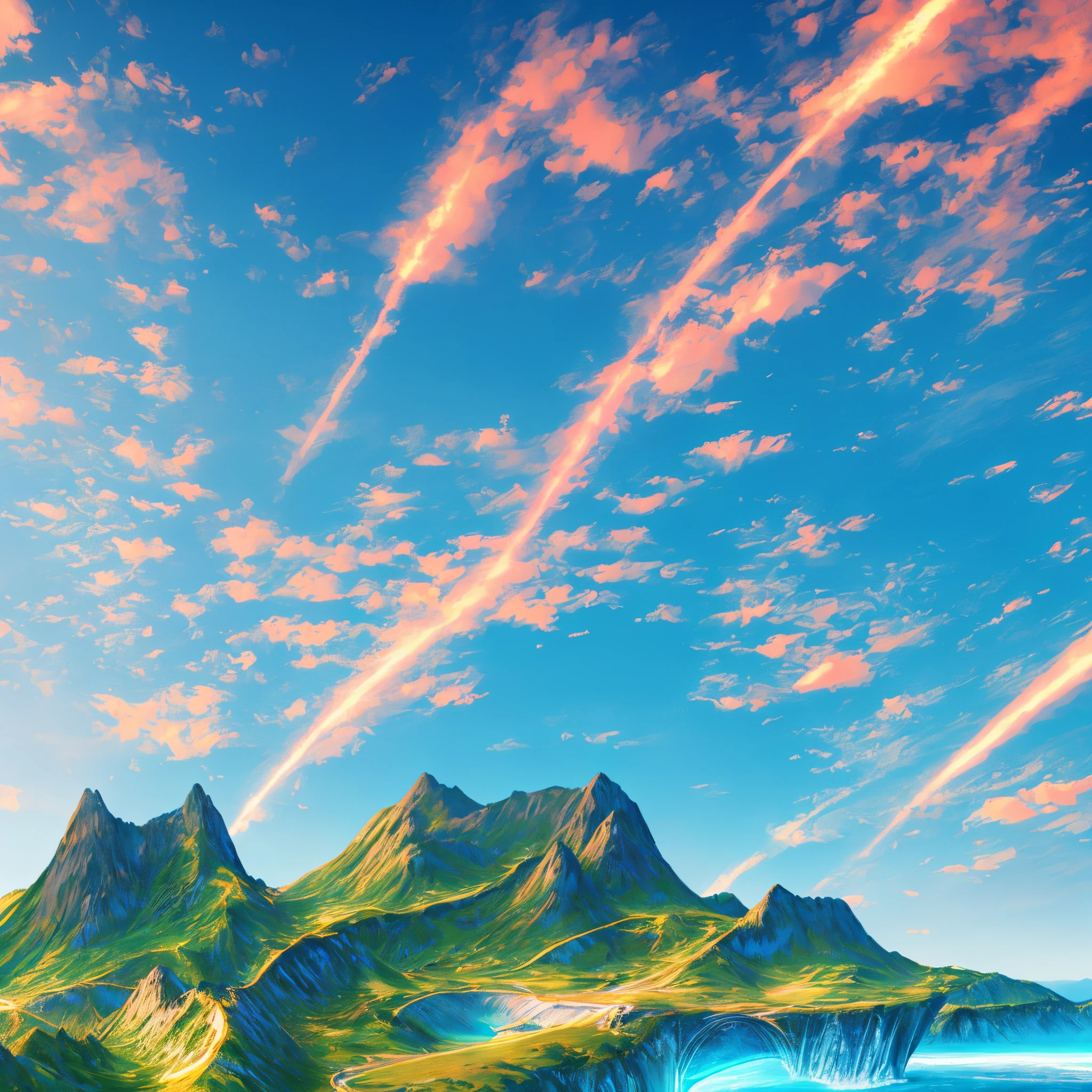 empty sky, (clear sky), cloudless, big landscape, empty foreground, massive landscape, gigantic fantasy landscape, kingdom, castles, bridge, mountains, (forest), highly detailed, details, ocean, photorealistic, 8k, masterpiece,