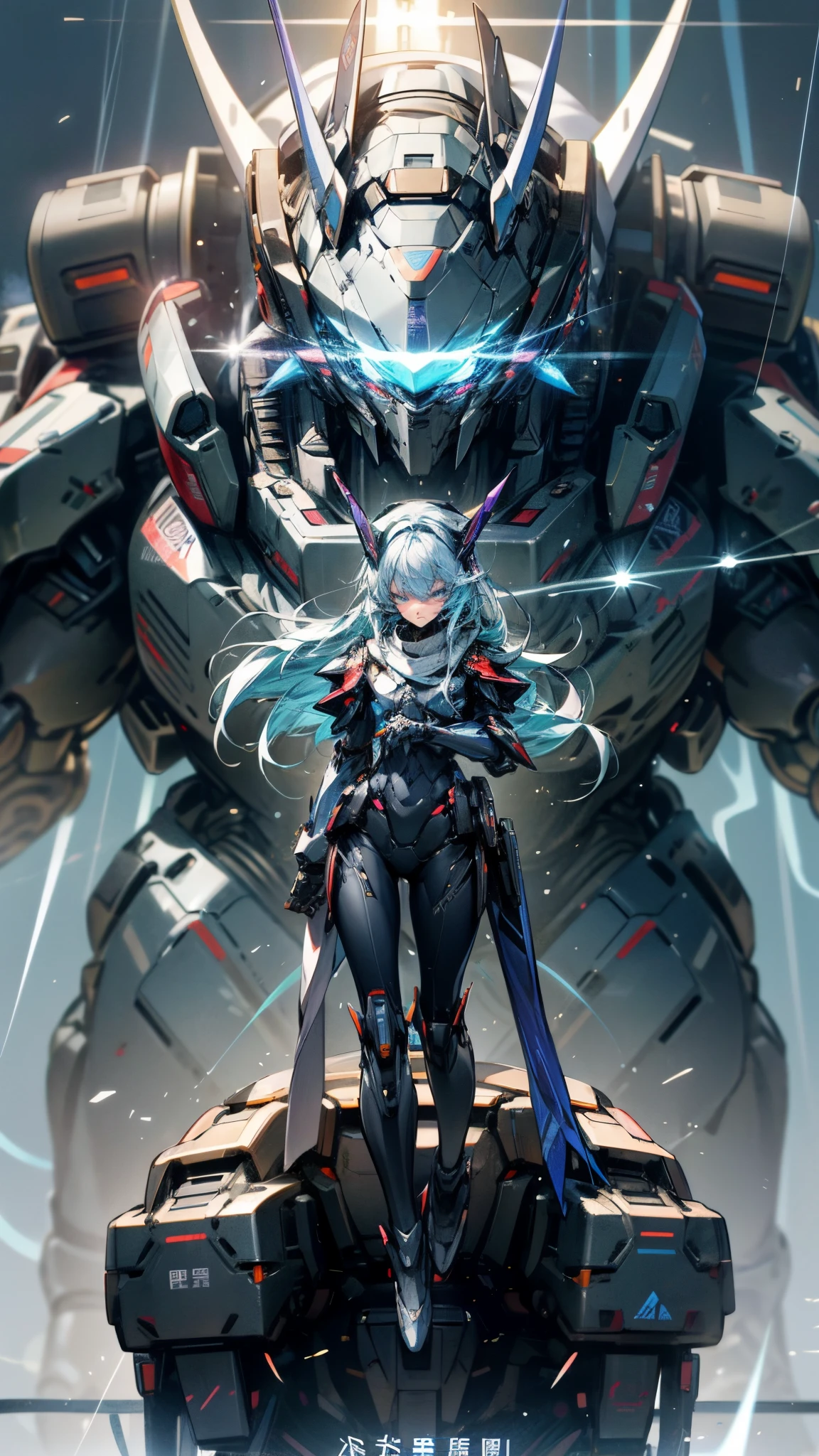 Cool mech core style，mech concept art，Dark gray Decepticon，tremendous mecha robot，intricate glowing mecha armor，Transform giant robots in the future。There is a giant mech machine behind the girl，The volume of the machine is very large，It seems to be more than ten meters high。There are a lot of mechanisms and armor on the surface of the machine，It looks very sturdy。Girl standing in front of the machine（Stand head-on，facing at camera），blue color eyes，long  white hair，skinny figure，A body made of a semi-machine，Laser spandex oil shiny shine luminous pattern。Energy light，Thunder Electric Magic，Haze, rain and thunder，rain drops，Warm colors and cold light，Blue-violet light，the detail，Big background。