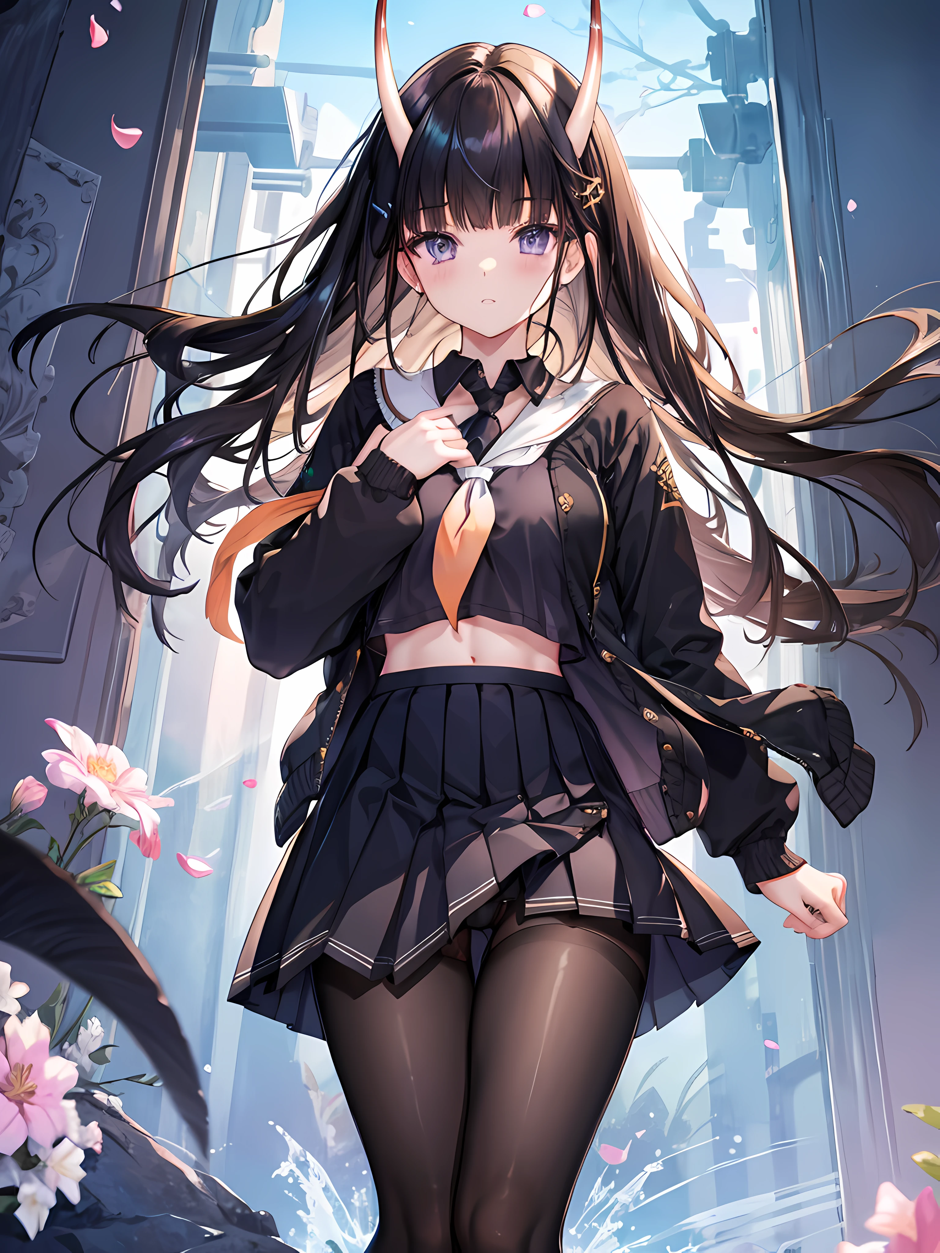 masterpiece, best quality, 1girl, solo, long hair, looking at viewer, skirt, black hair, school uniform, purple eyes, pantyhose, pleated skirt, horns, serafuku, cardigan, oni horns, open cardigan, black panty, floral lace undies, cameltoe, show panties, standing sexily, open legs, spread legs, miniskirt, lift skirt with both hands