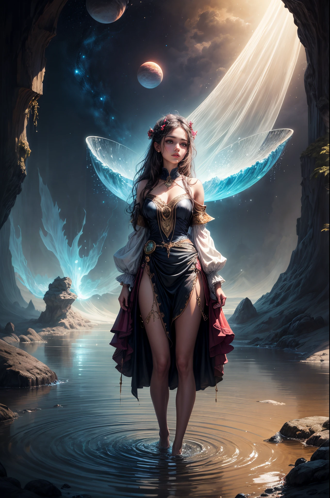 Painting: An enchanting artwork portraying a girl wearing silk, standing at the edge of a mystical pool, surrounded by swirling enchantments, with the distant planet casting an ethereal light upon her.