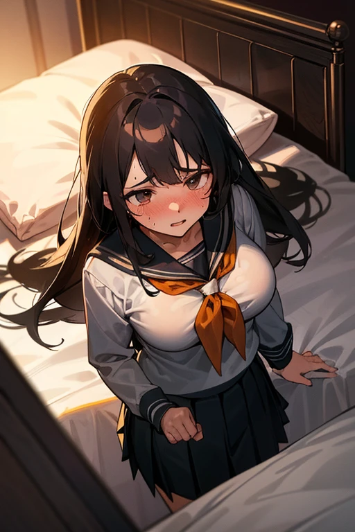 1Girl, lying in bed:1.0, lying on back, dark hair, long hair, black long-sleeved sailor uniform, black pleated skirt, (messy clothes: 1.0), (Background: on bedroom bed), Big tits: 1.4,Shy Face,upset,embarrassed,parted lips,shortness of breath,Blushing, Face in agony,saliva,wet face,steam,Beautiful girl, Sweaty wet skin: 1.3,From above,Sunset, High quality, High resolution, Detail, masterpiece