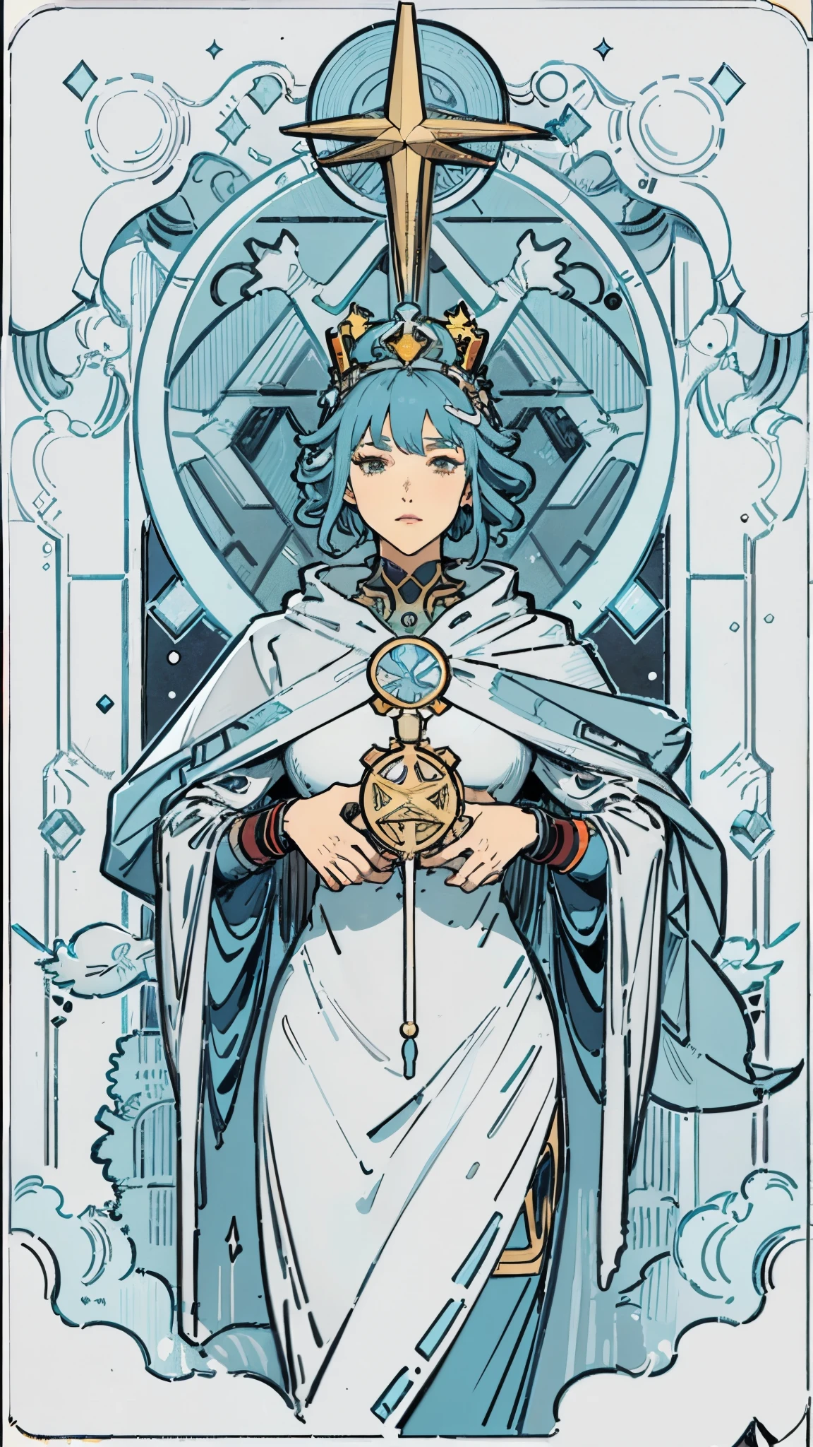 "Masterpiece, top-quality, Tarot card-inspired, Tarot card aesthetic: Line art with bold outlines, Subject: The High Priestess., a close up of a woman with a crown on her head, cyberpunk art nouveau, priestess, high priestess, mucha. art nouveau. gloomhaven, art nouveau! cyberpunk! style, alphonse mucha style, alphonse mucha and rossdraws, mucha style 4k, the high priestess, goddess of winter, art nouveau cyberpunk! style