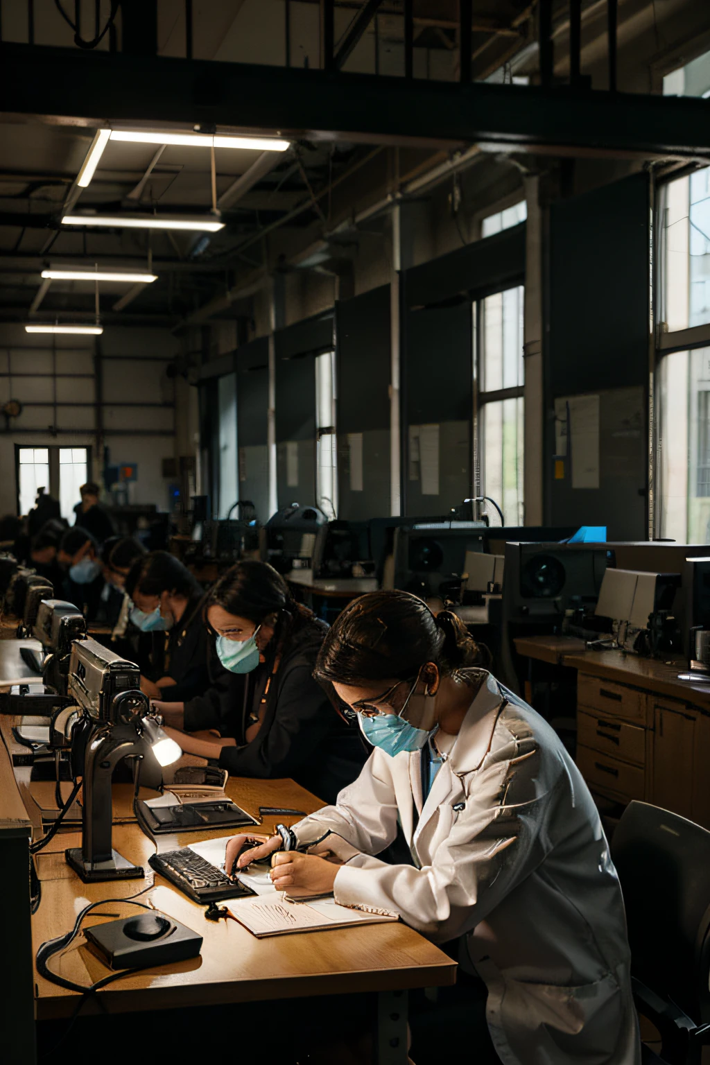 Draw an illustration that represents the interior of Ápice Cientifico’s secret laboratory. The laboratory walls are reinforced and high-tech equipment is present on all benches. Scientists are using advanced protective suits, enquanto trabalha em suas pesquisas em meio a tubos de ensaio, microscopes and computers. In the center of the illustration, destaque uma equipe de cientistas concentrados, analyzing blood samples and sequencing the Adrenafuria virus genome. Ao fundo, the outside world is shrouded in chaos and destruction, with ruined buildings and people infected by the disease. The hope of humanity lies in the hands of these brave scientists, who fight to find a cure and bring humanity back to its former glory.