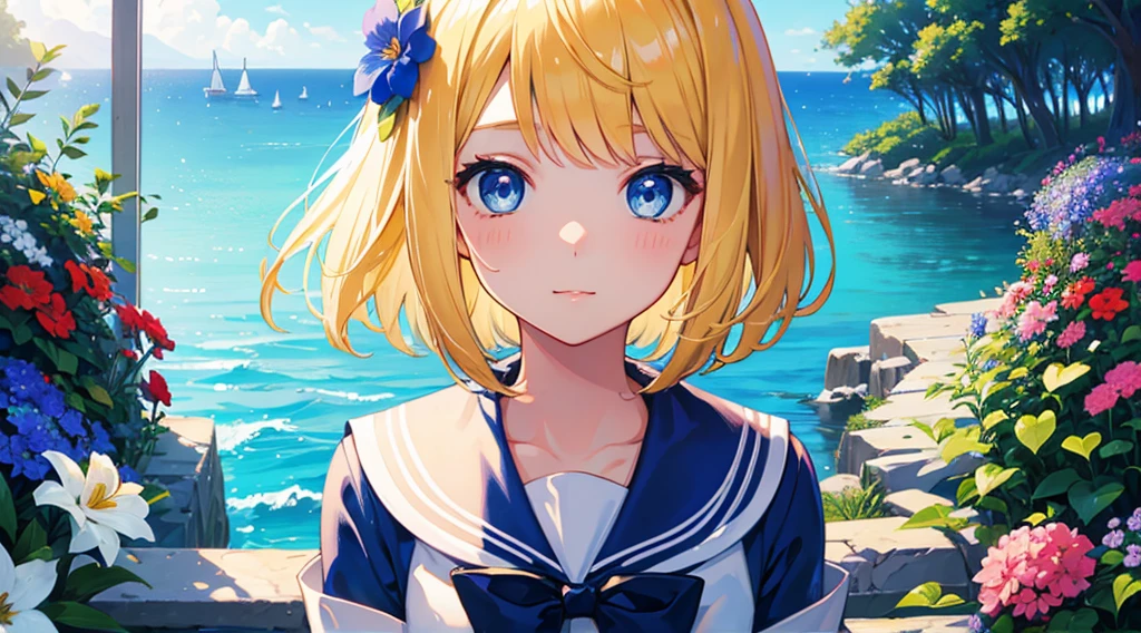 face, 1girl, blonde hair, bob cut, blue eyes, sailor suit, cute, kawaii, beautiful eyes, flower garden overlooking the sea