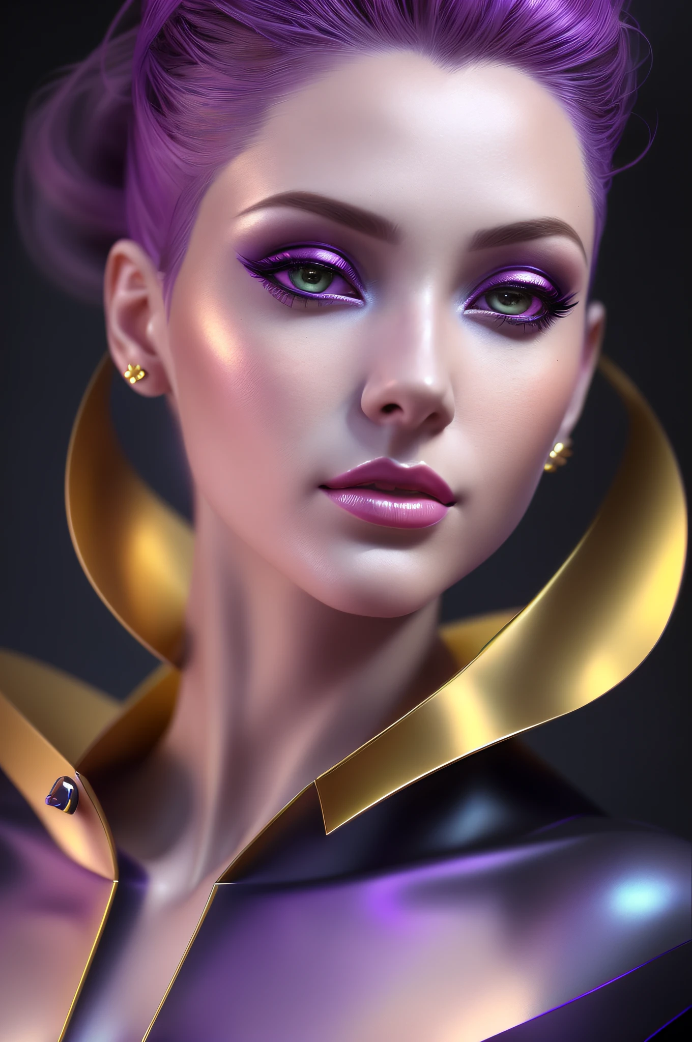 a close up of a woman with a purple dress and gold hair, stunning digital illustration, futuristic woman portrait, portrait beautiful sci - fi girl, beautiful digital artwork, beautiful fantasy portrait, cgsociety portrait, fantasy art behance, fashionable futuristic woman, goddess close-up portrait, gorgeous digital painting, fantasy portrait, gorgeous digital art, 8k portrait render, glossy digital painting