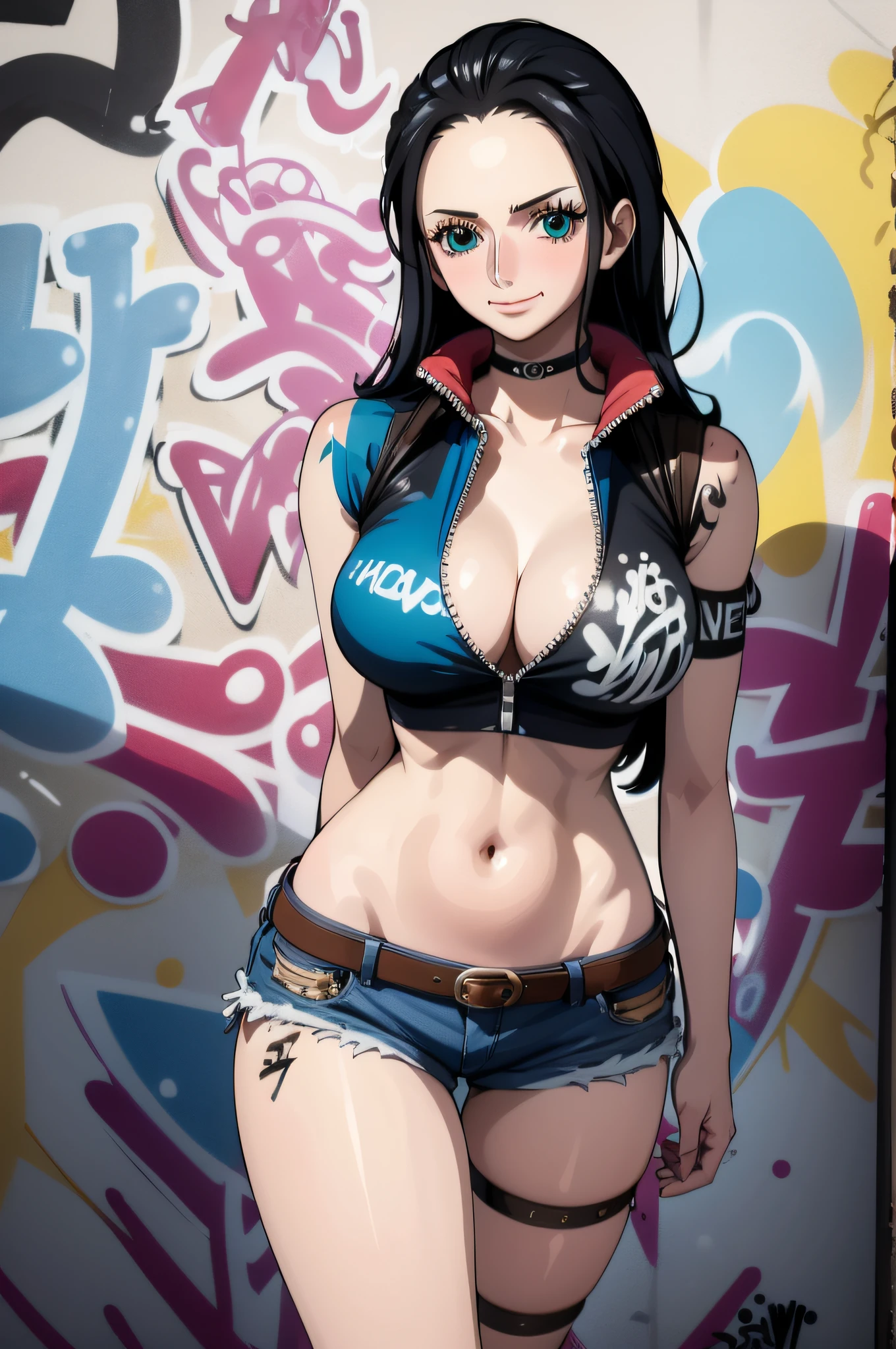 masterpiece, best quality, (extremely detailed CG unity 8k wallpaper, masterpiece, best quality, ultra-detailed, masterpiece, best quality, 1girl, solo, crop top, denim shorts, choker, (graffiti:1.5), paint splatter, arms behind back, against wall, looking at viewer, armband, thigh strap, paint on body, head tilt, bored, multicolored hair, aqua eyes, headset, Nico Robin,