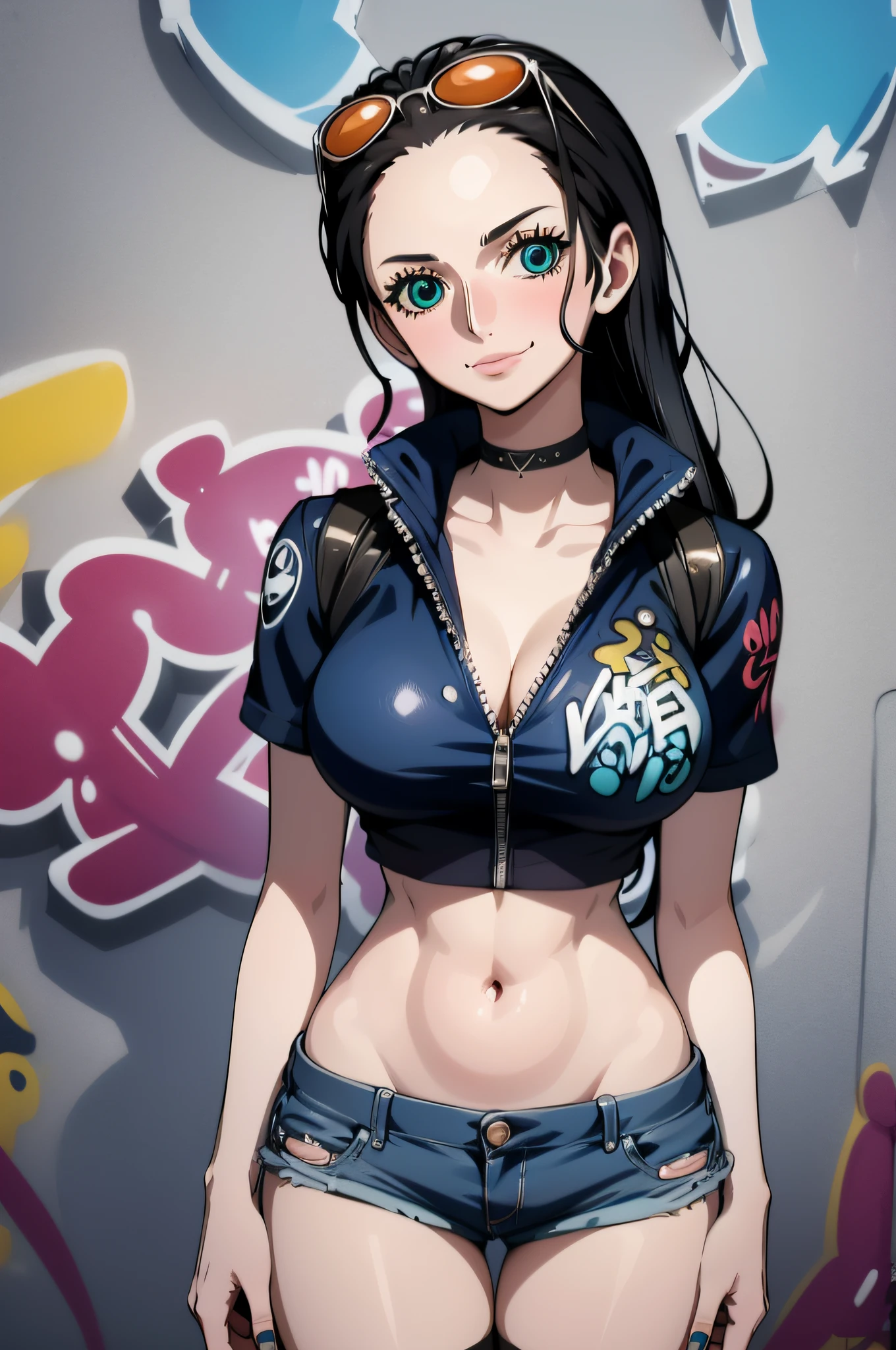 masterpiece, best quality, (extremely detailed CG unity 8k wallpaper, masterpiece, best quality, ultra-detailed, masterpiece, best quality, 1girl, solo, crop top, denim shorts, choker, (graffiti:1.5), paint splatter, arms behind back, against wall, looking at viewer, armband, thigh strap, paint on body, head tilt, bored, multicolored hair, aqua eyes, headset, Nico Robin,