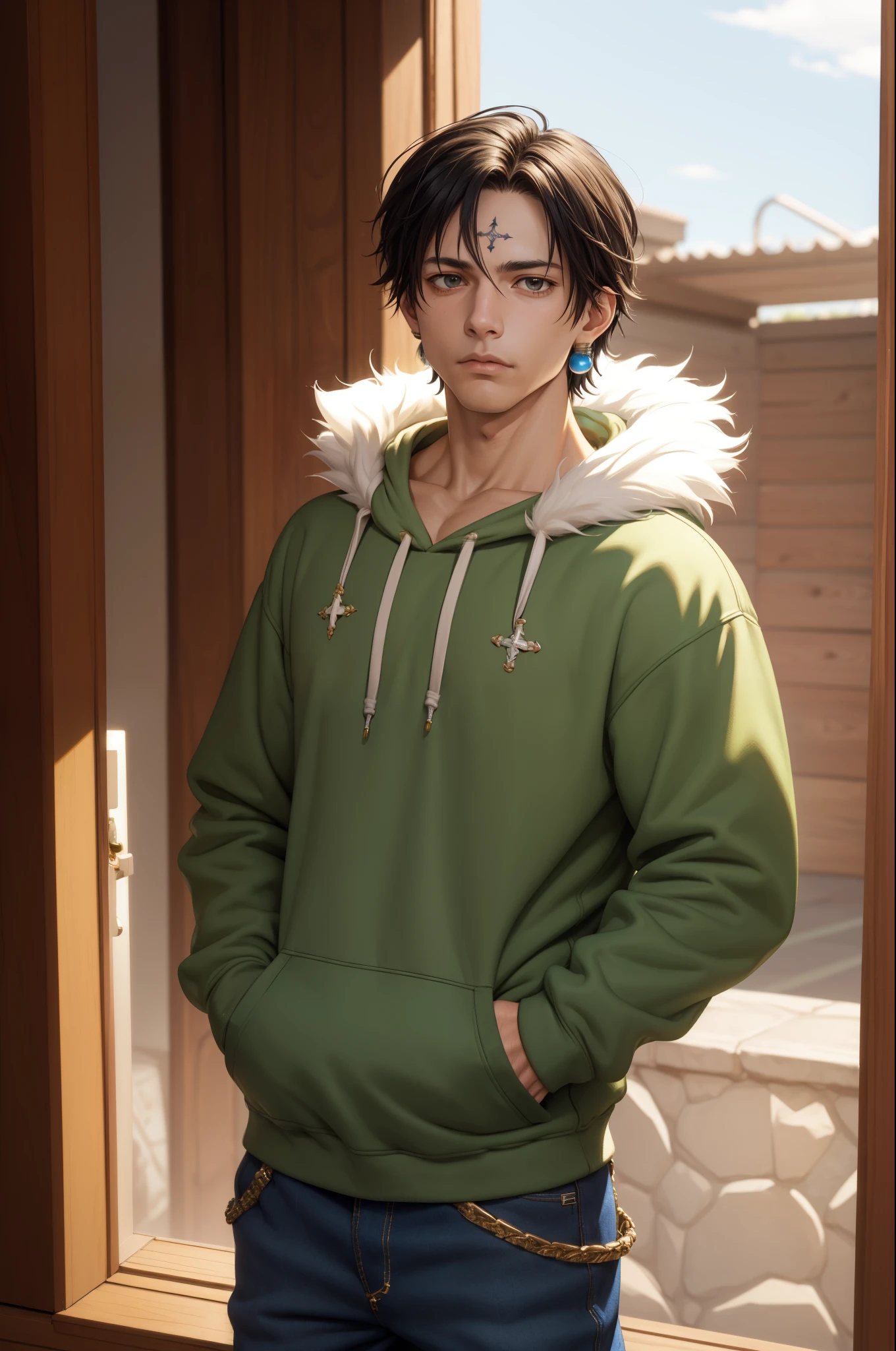 (masterpiece, best quality:1.2), cowboy shot, solo, male focus, 1boy, upper body, chrollo lucilfer, expressionless, closed mouth, hands in pockets, fur trim, wearing Streetwear Hoodie, dinamic lighting, jewelry