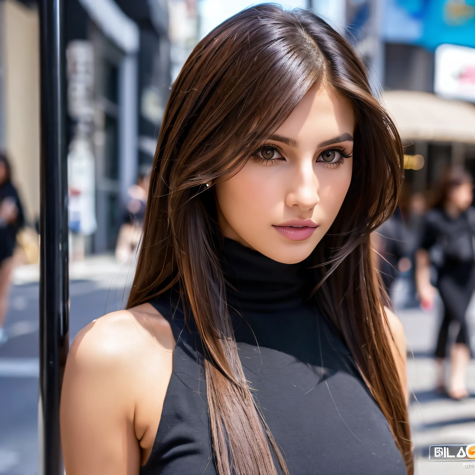 arafed woman with black clothes, fully dressed, pretty girl with brown eyes, brown hair, on the street, august ames, looking directly at the camera, face with artgram, subtle makeup, stunning full body shot