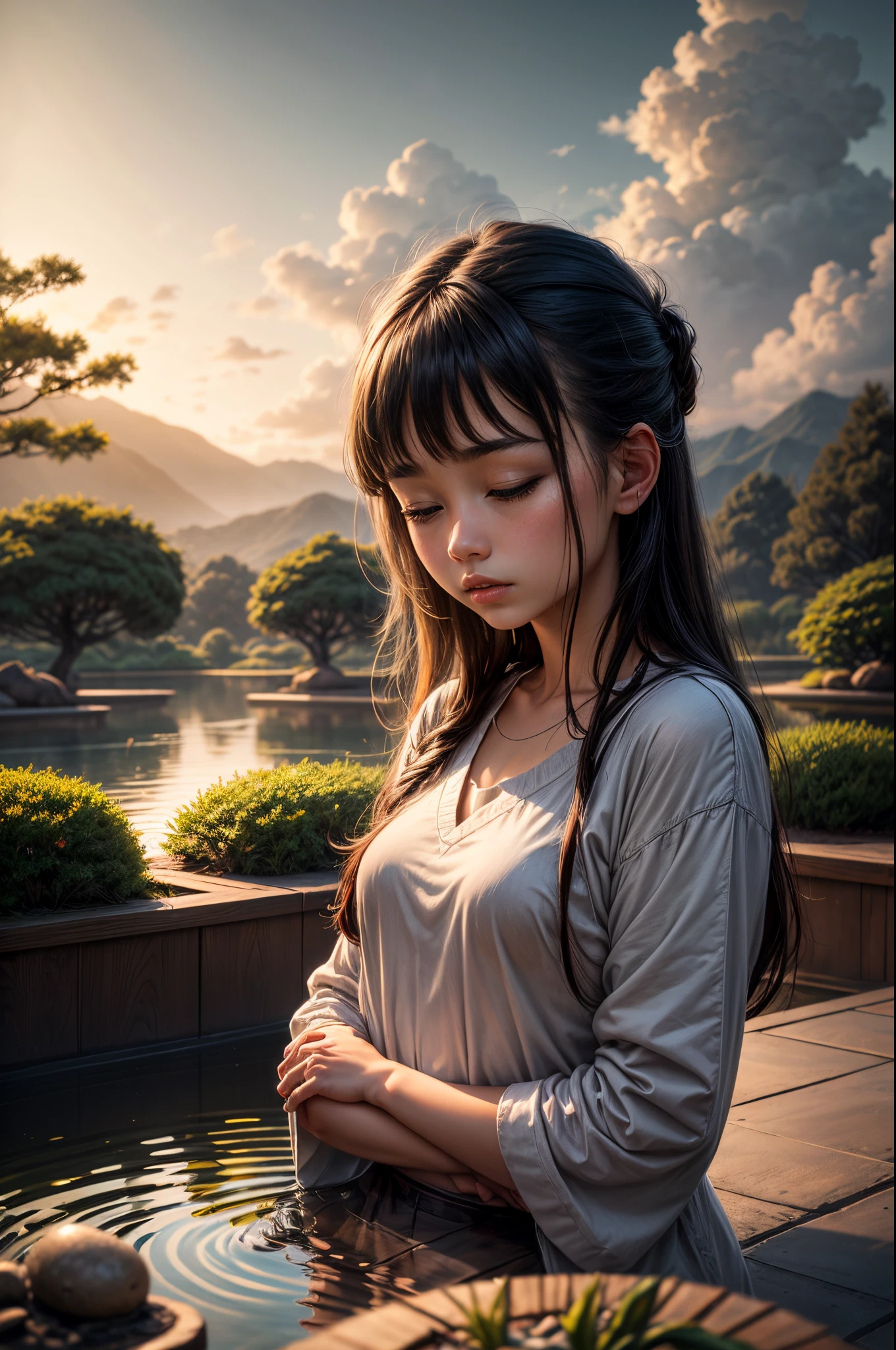 "((Peaceful)) scene, young girl immersed in meditation, Zen garden tranquility, vibrant colors, dramatic clouds adding depth to the serene atmosphere"
