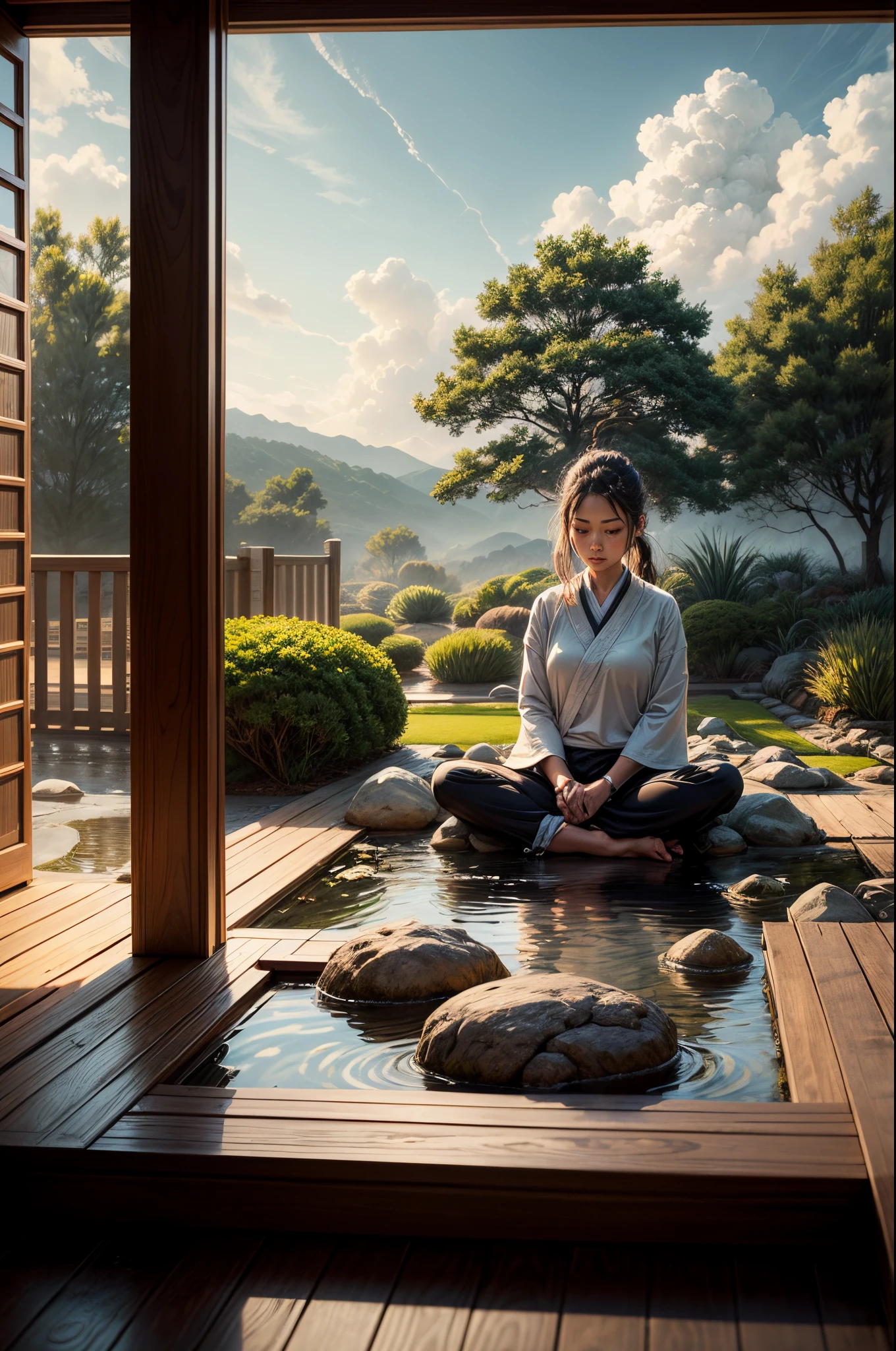 "((Peaceful)) scene, young girl immersed in meditation, Zen garden tranquility, vibrant colors, dramatic clouds adding depth to the serene atmosphere"