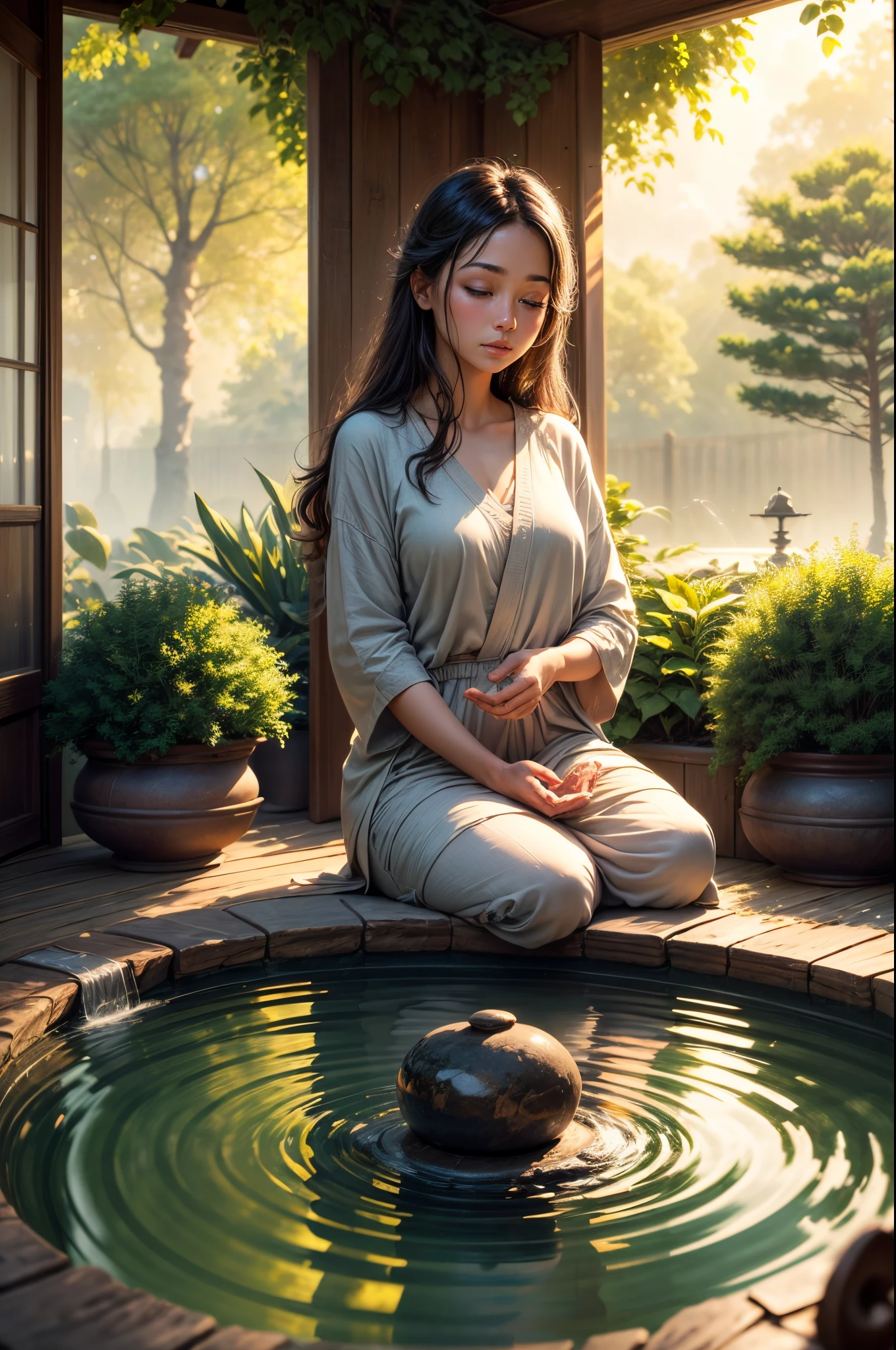 (best quality,4k,8k,highres,masterpiece:1.2),ultra-detailed,(realistic,photorealistic,photo-realistic:1.37),peaceful,meditation,garden tranquility,vibrant colors,dramatic clouds,serene atmosphere,Zen garden,immersed in meditation,young girl with closed eyes,serene expression,peaceful surroundings,blossoming flowers,serene water fountain,lush greenery,calm atmosphere,lots of sunlight,warm golden hour lighting,gentle breeze,rays of light piercing through the clouds,harmonious composition,zen-like ambiance,contemplative mood,soft colors,natural beauty,garden path leading to the girl's sitting spot,stillness of the scene,relaxing experience,refreshing energy,vivid hues,tranquil environment.