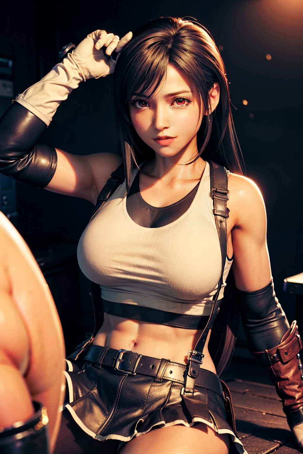 8k,​masterpiece, bset quality,huge tit、（1girl in）、tifa lockhart、red_eyes、black hair、long hair、Flapping hair， Adult beauty、shinny skin、Shiny big、 ((top-quality))、 Crisp focus:1.2、Highly detailed facial and skin texture、A detailed eye、face perfect、perfect bodies、art by、CG、Blur the background、Big breasts with a strong presence、（20yo,Mature cool and beautiful face）、wear ((Suspender Black Skirt)),(( Black Elbow Gloves,White taut shirt、Thigh、white tank tops、Ankle Boots、Red boots、a navel、red blush))、jukebox、Old bar、upper body、a smile,Professional-looking light source、Fluttering hair、Random angles、 Low waist，thick thight、face lights， Cinematographic lighting、Midgar、Random Poses、Dynamic Pose、looking at viewert