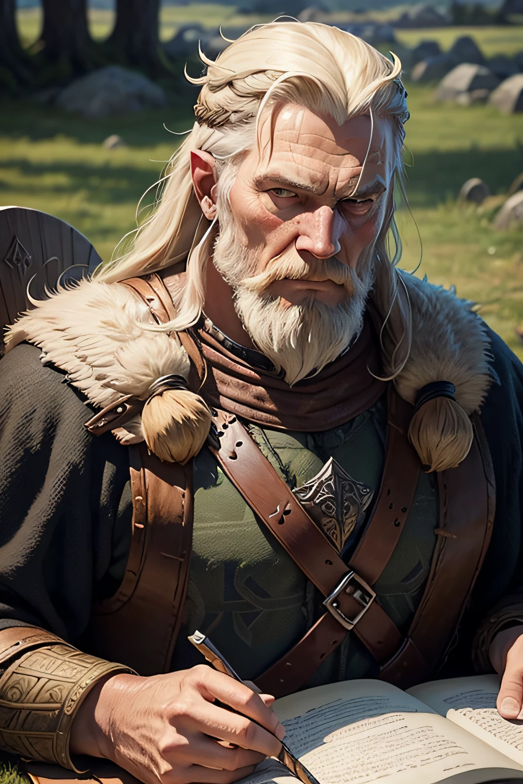 wise old norse viking, graves, segurando um machado, usando capacete
