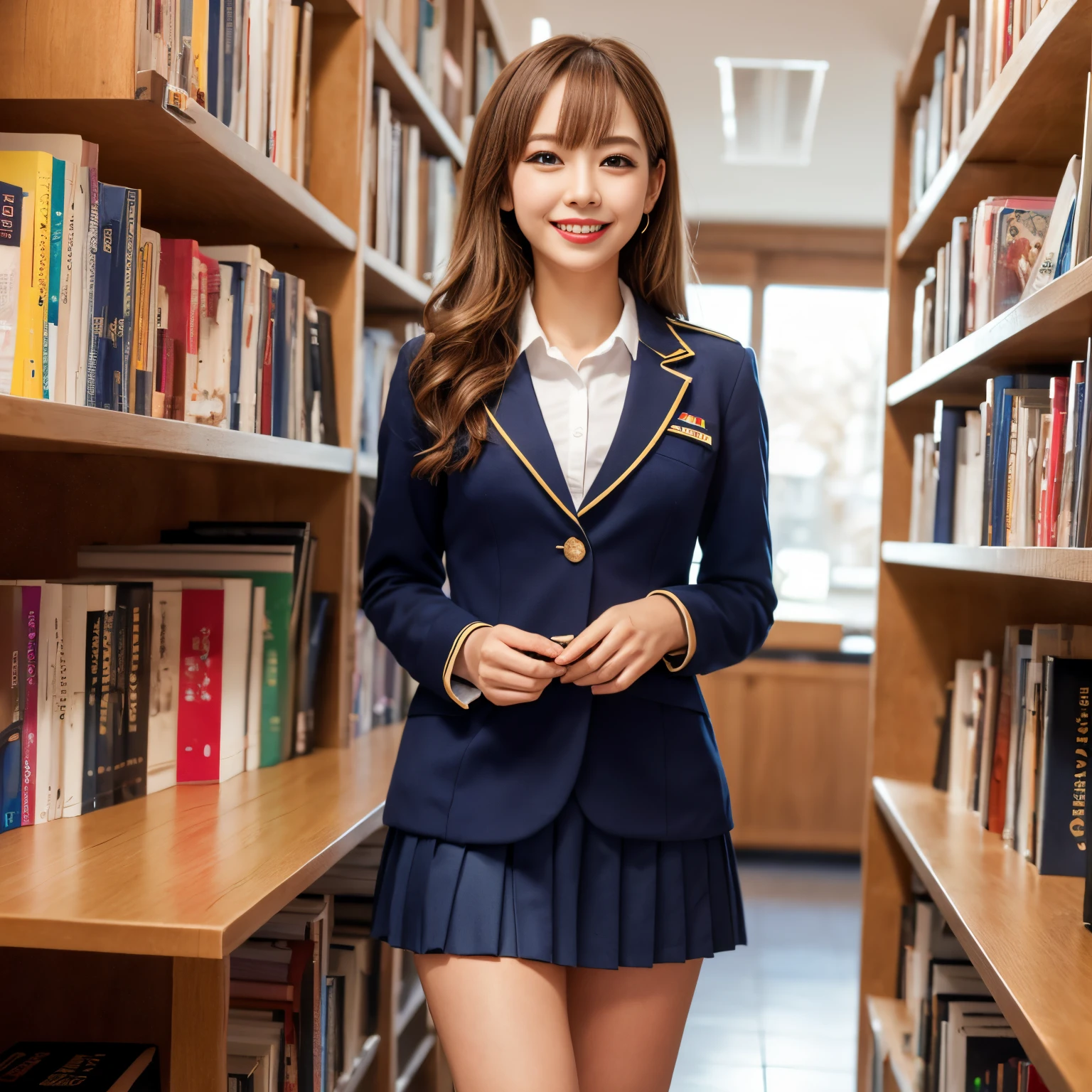 ((top-quality、masutepiece、8K、Top image quality))、Highly saturated、1 schoolgirl、((navy uniform blazer、Uniform Shirt、Red ribbons、navy pleats skirt))、The happiest smile、View me、waved hair、Being in the library、Stand next to a bookshelf、Bookshelf in background、cozy library、bright lipstick、long eyelashes、Perfect makeup、Emphasize body lines、large full breasts、soft warm lighting、Detailed bookshelf、accurate anatomy