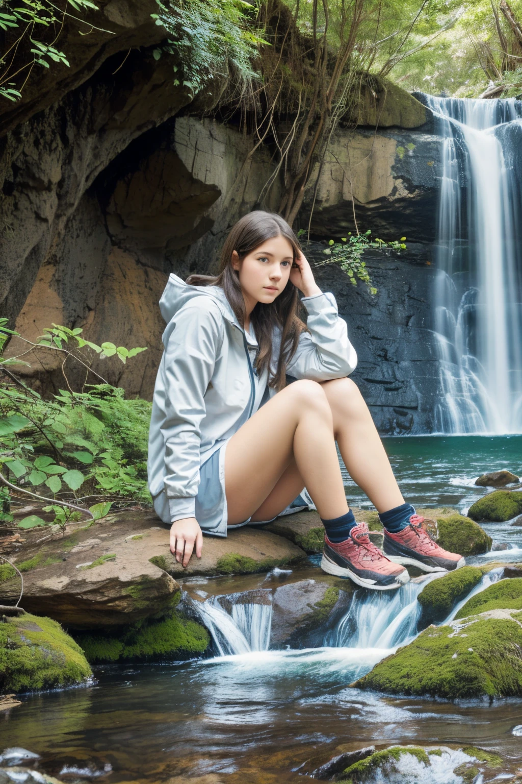 1 girl, white south african, early teens, sitting near a waterfall, hiking clothes, brunette   photo real --auto --s2