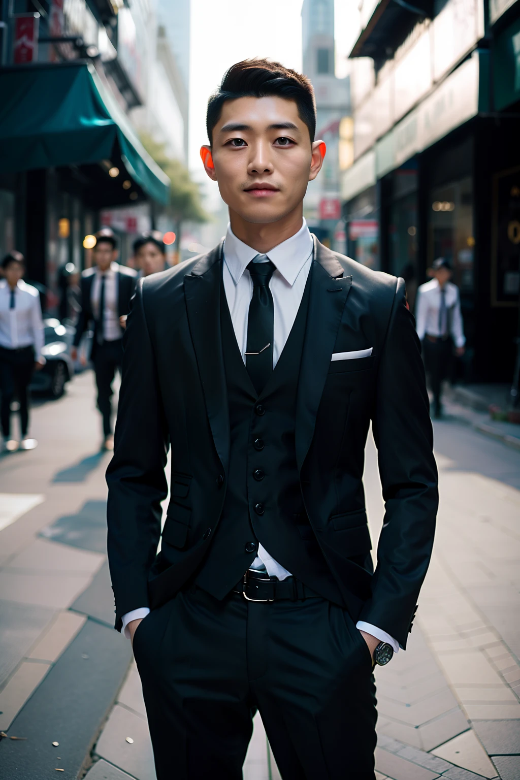 xh,necktie,formal,pants,jacket,suit,multiple boys,male focus,shirt,black hair,3boys,blurry background,black pants,looking at viewer,hand in pocket,black jacket,realistic,blurry,white shirt,grey jacket,collared shirt,vest,short hair,black necktie,belt,closed mouth,facial hair,pocket,outdoors,standing,long sleeves,grey pants,hands in pockets,black suit,smile,building,grey vest,watch,