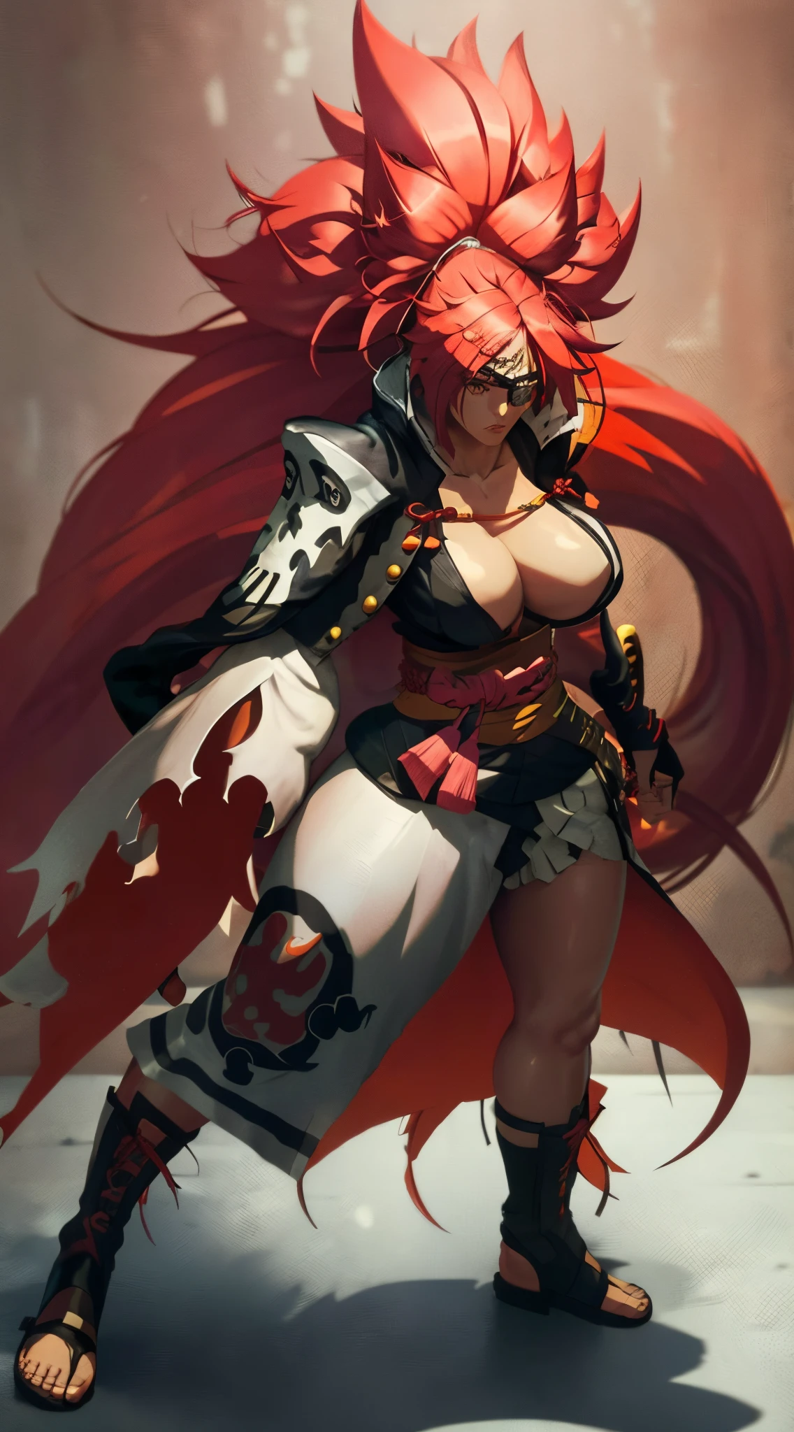 Create a Design illustration of Baiken character from Guilty Gear Game, Make her crazy and Standing in Fight Stance, With Sword, Katana, full body angle, Ultra HD,