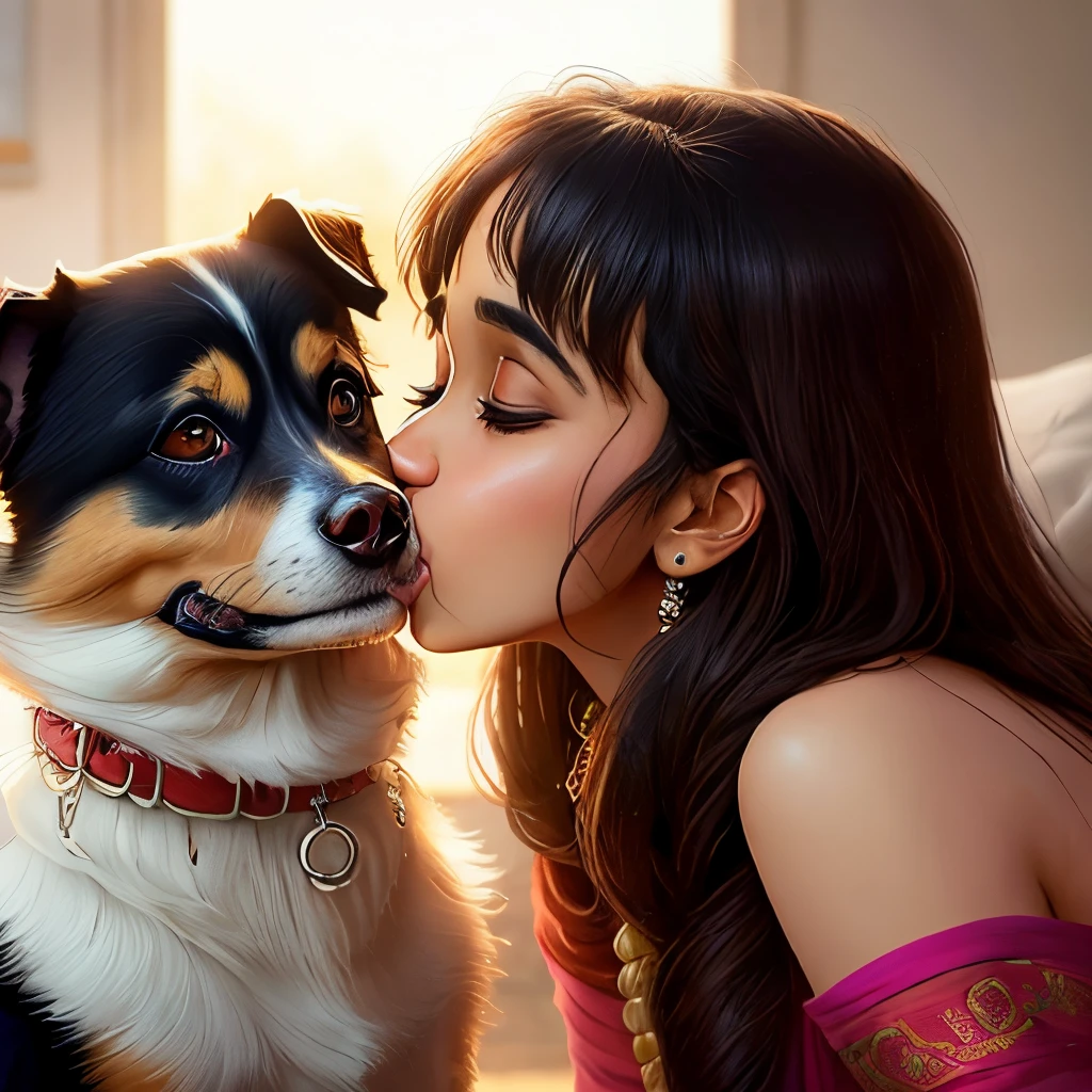 人物画 女性と犬の肖像画 キスをしている女性と犬がいる - SeaArt AI