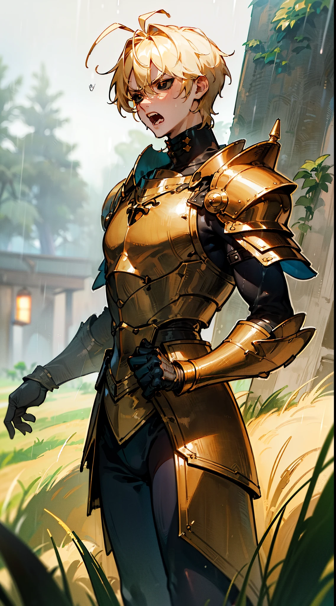 (Original Character,8k, Masterpiece, Best Quality,Detailed, Beautiful Detailed Eyes, solo),1boy,tall,fine skin,cowboy shot,(black eyes),black sclera,blonde hair,short hair,(((hair 2antennas)))(gold armor),angry face,((standing, grass,mist,fog,rain)),open mouth
