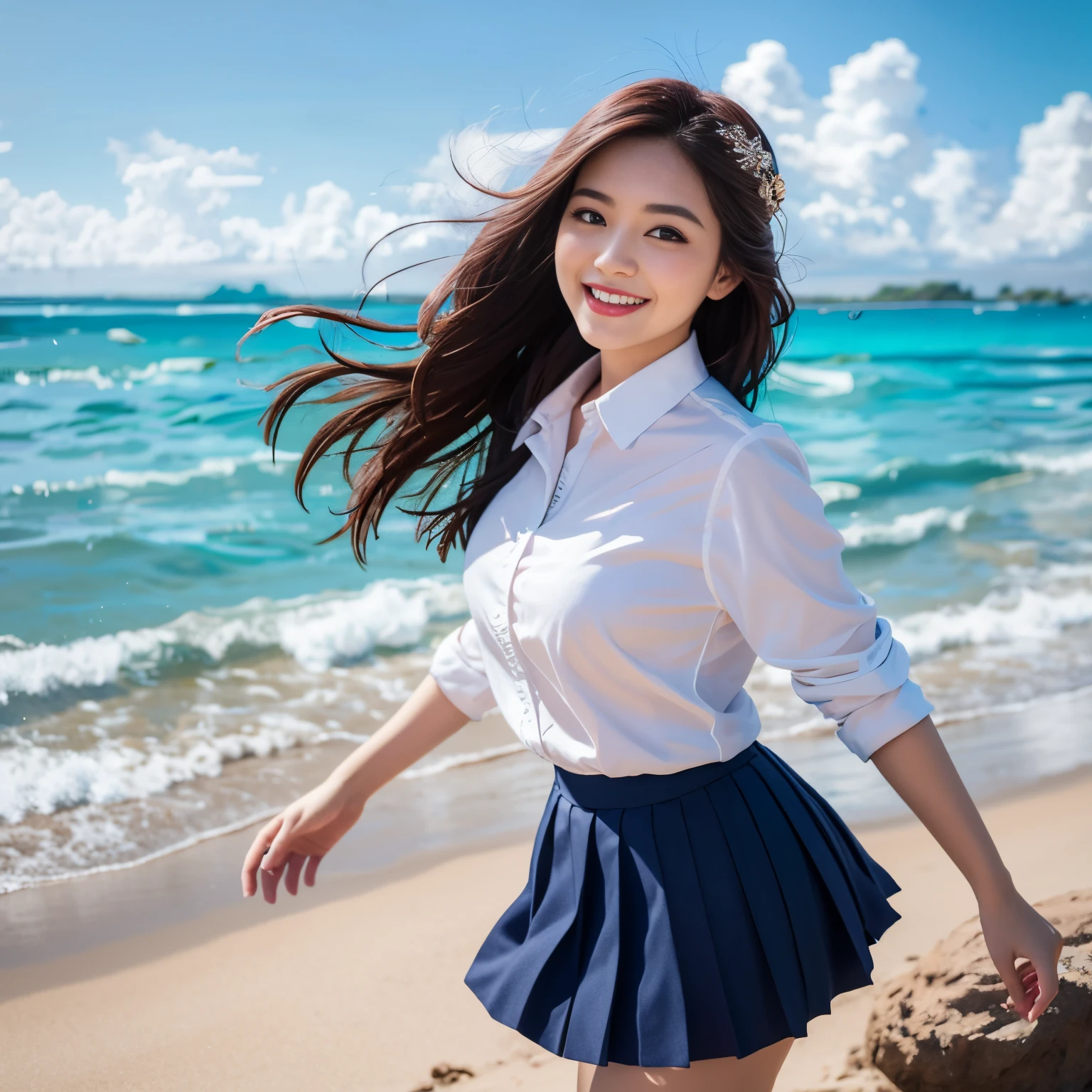 ((top-quality、masutepiece、8K、Top image quality、Highly complex and detailed depictions))、(1 photo:1.7)、(1 girl:1.3)、The biggest smile staring at the camera、Beautiful beach、(Red hibiscus hair ornament)、(Uniform white shirt、uniform navy pleated skirt)、large full breasts、Emphasize body lines、Glamorous body、Hair swaying in the wind、sand beach、beautiful ocean、Recreate the perfect details of a deserted island、Crystal clear and sparkling sea、Complex sea glow、Depicts beautiful sea details、Brightly lit face、Beautiful summer sky、beautiful thunderclouds