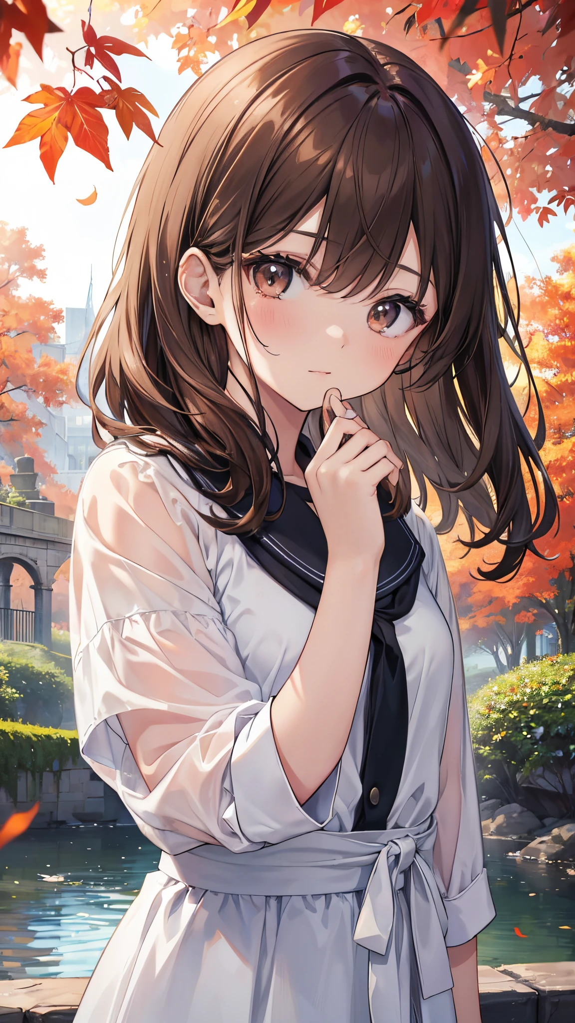Hi-Res、​masterpiece、Brown hair、Soio、Female one、a park、Colored leaves、细致背景、A detailed eye、（（Brown-eyed））,Beautiful and perfect body, Clean and perfect hands
