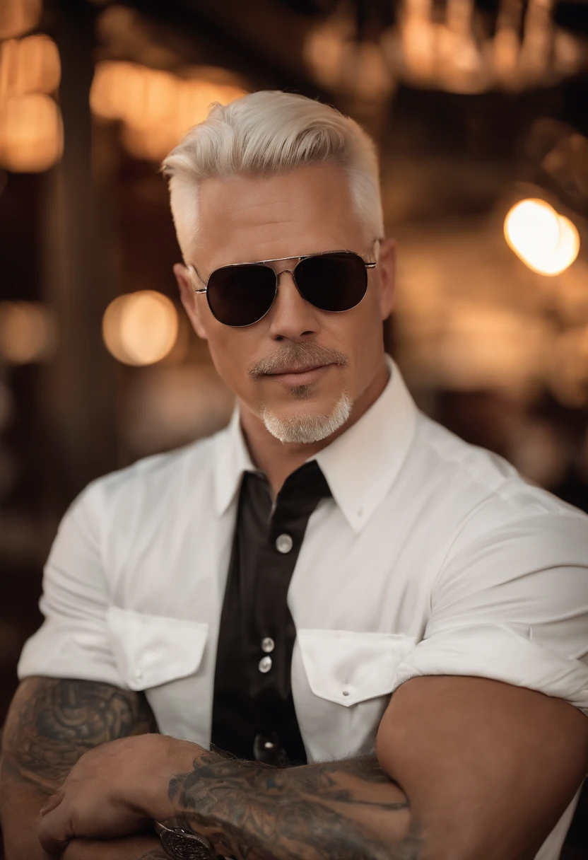A sizzling plate of San Francisco-style BBQ ribs, caramelized and charred to perfection,original,He is a white man. He has platinum blonde short hair that he wears spiked up. He also keeps a dark goatee. He is chubby. He often wears accessories like spiked punk bracelets and black Oakley sunglasses. He has tattoos on his left arm. His ears are pierced. , male