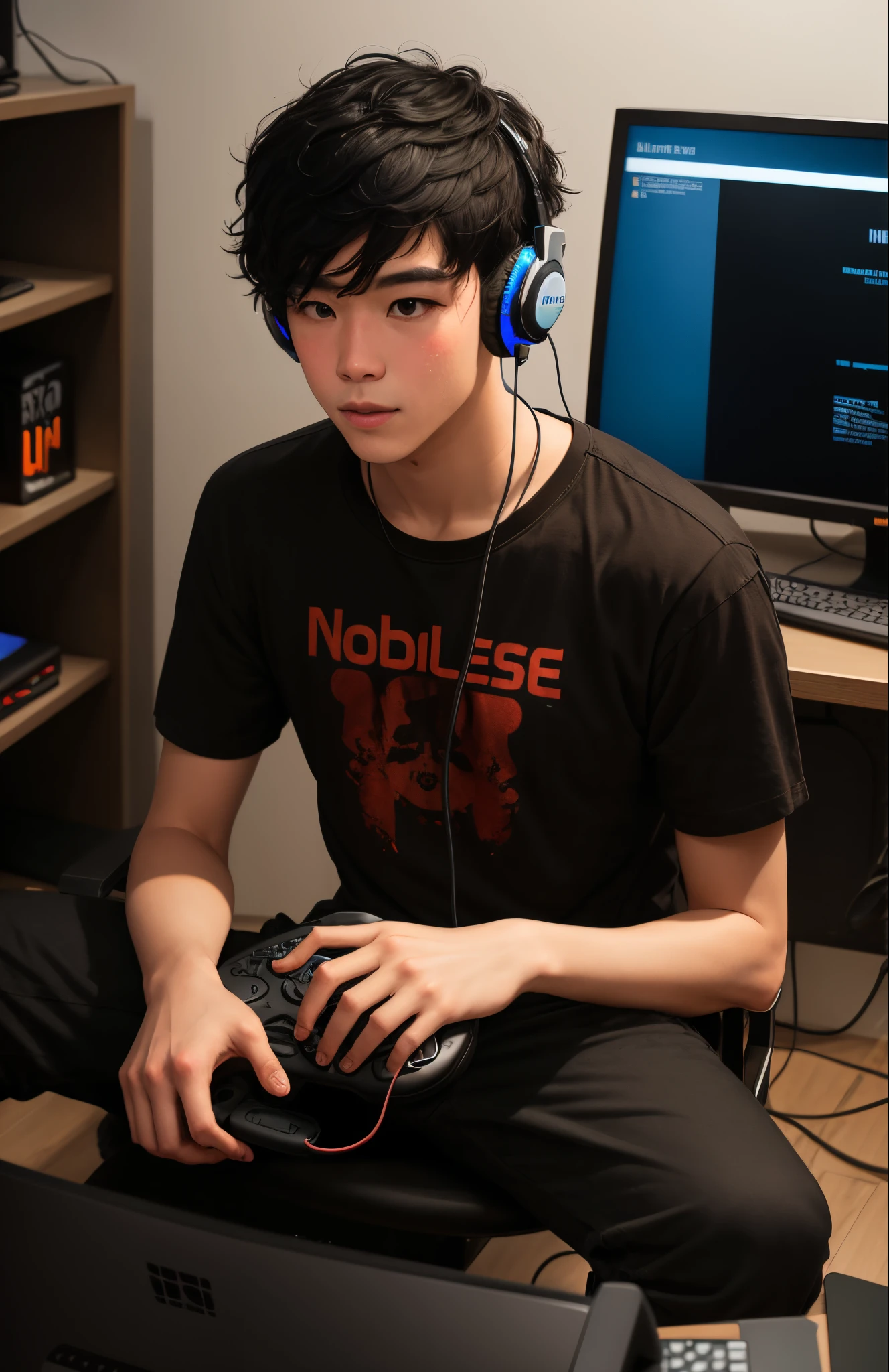 1 boy, he likes playing pc games while using headphones, he has a mullet and black hair style, he also has fair skin, he wears t-shirts that say nooblesse and plays pc games all the time