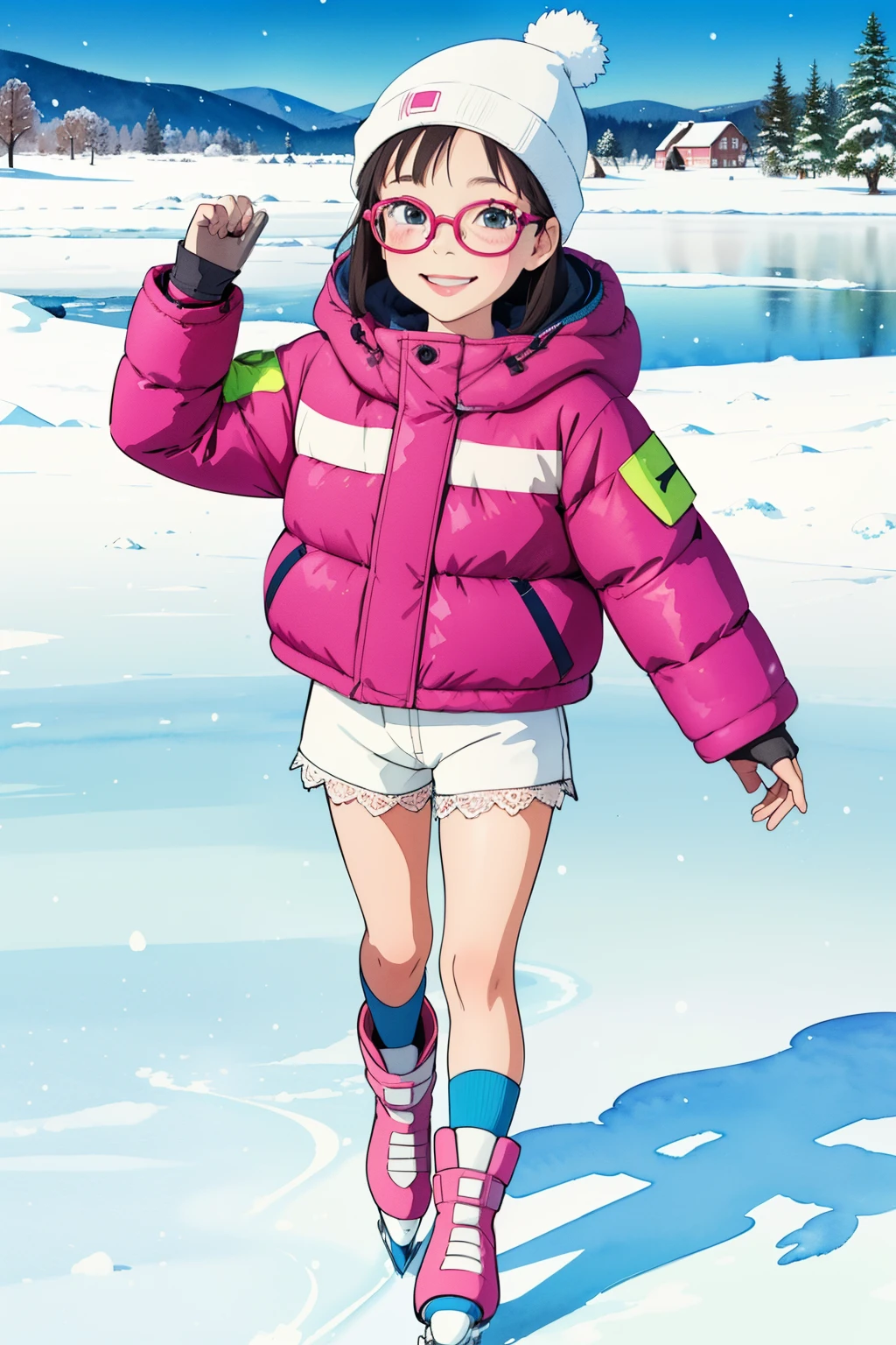 (superflat, flat shading, flat colors), 1girl, , lolichild,y, down jacket, (white lace modesty shorts), no skirt, glasses, winter hat, ice skating, smile, blush, winter, snow, bright, vibrant colors, watercolor, ghibli style